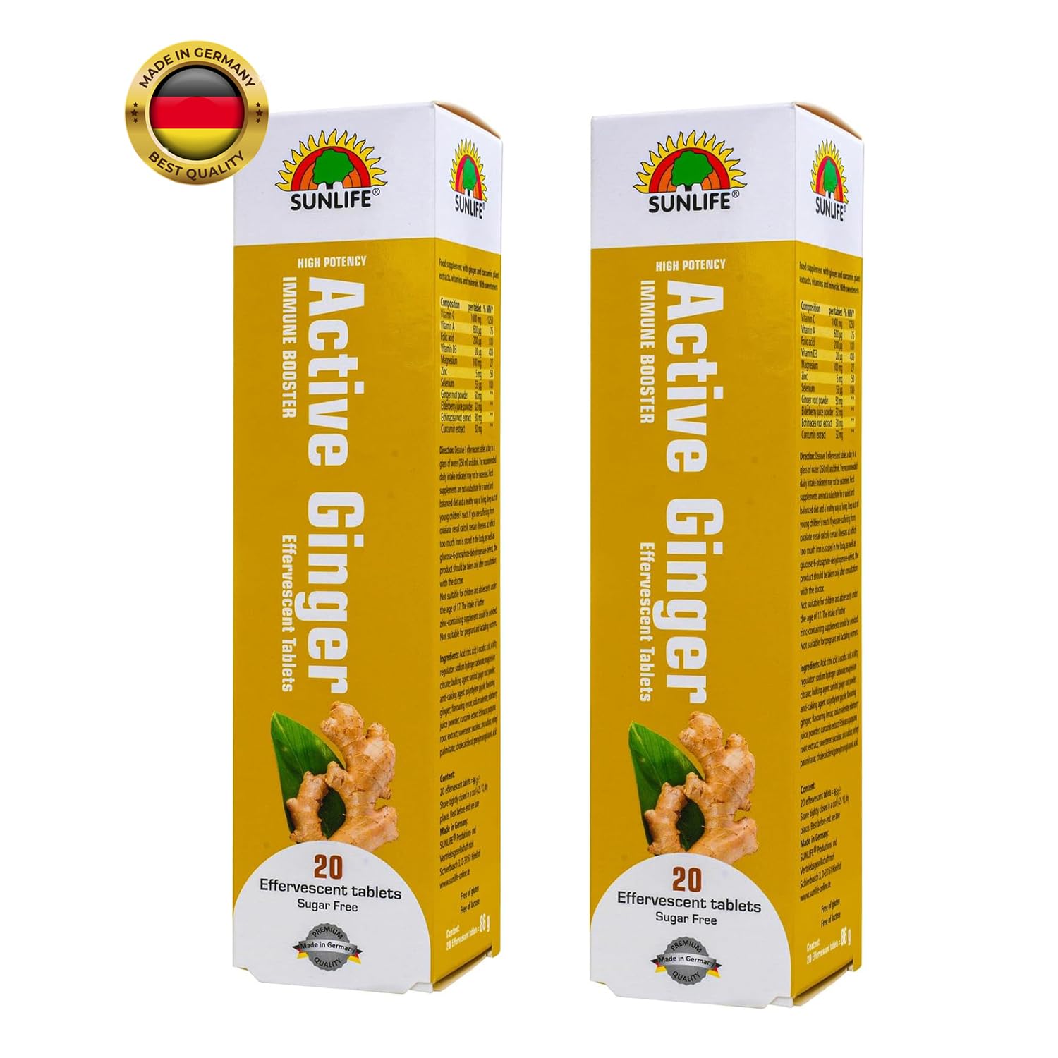 Food Factor Sunlife Effervescent Vitamin C with Active Ginger High Potency Immune Booster TAB 20s Made in Germany (GINGER, PACK OF 2)