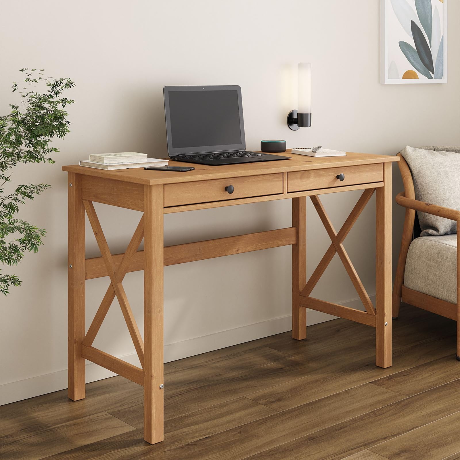 IDIMEX Bureau en Bois Adrian L 110 cm avec Deux tiroirs en Bois Massif Coloris chêne avec Rangement élégant et Pratique, poignées Noires idéal pour télétravail et Petits espaces