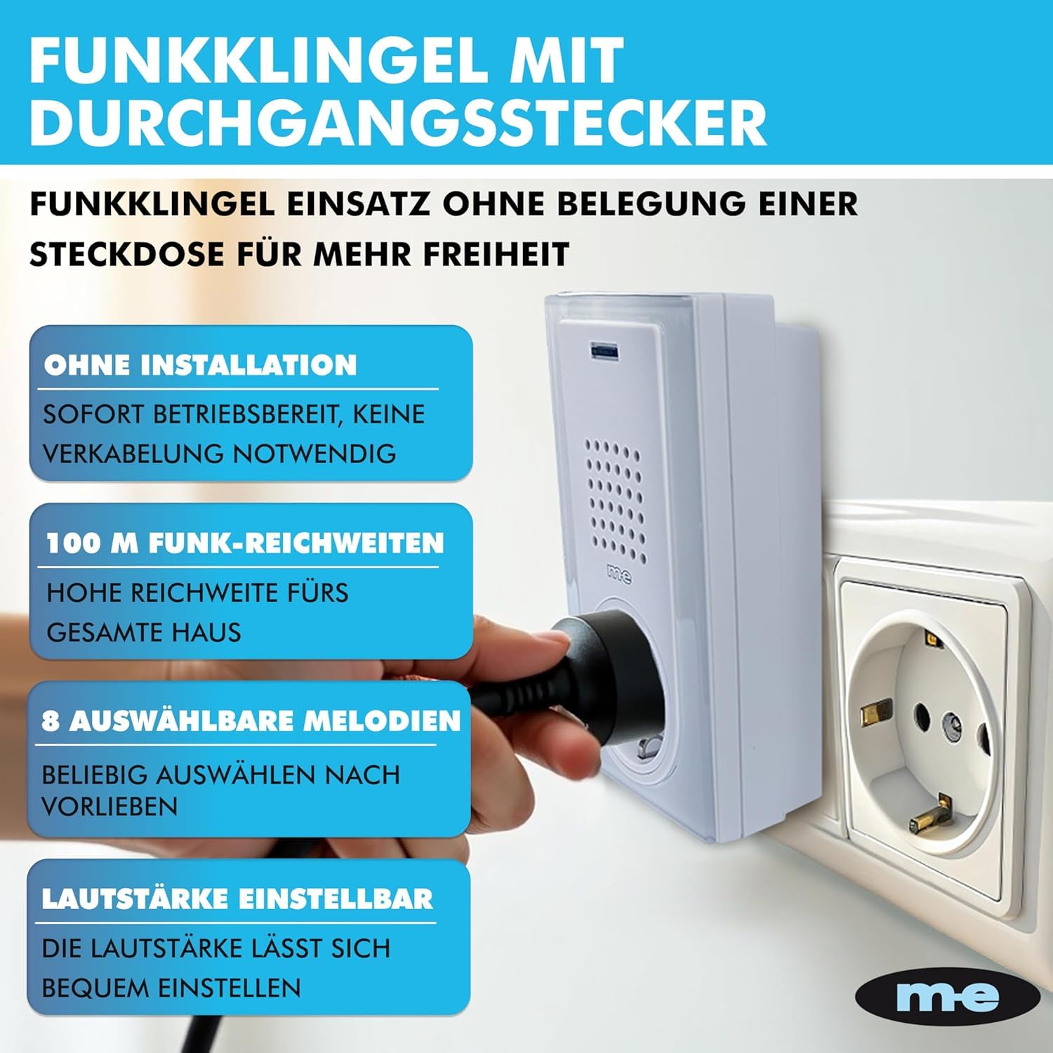m-e Funkklingel BELL-5032 EG, für 3-Familienhaus, Edelstahl gebürsteter Klingeltaster und 3 Türglocken für Steckdose | Erweiterbare kabellose Funk-Türklingel | 200 Meter Funk-Reichweite