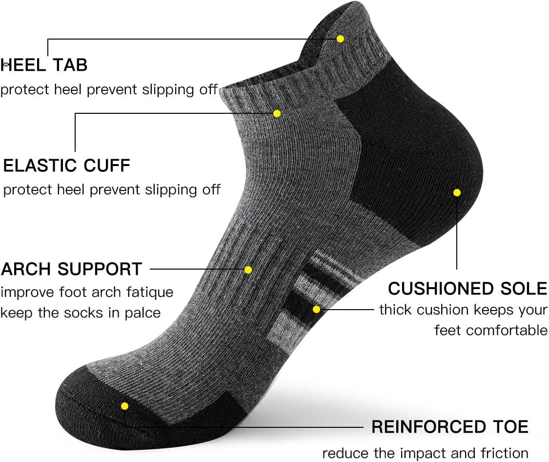 JOYNÉE 10 Pairs Men Ankle Sport Workout Tab Socks Athletic Running Short Breathable Socks,Grey,Sock Size:13-15 - Image 2
