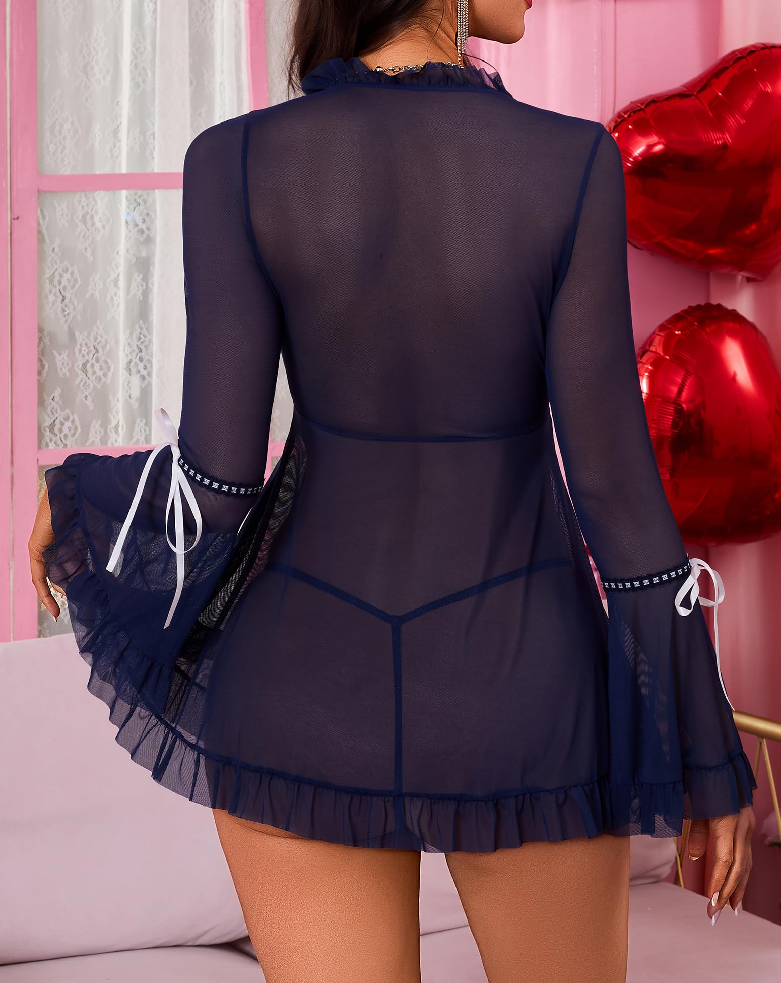 Aranmei Lingerie sexy da donna, vintage, con volant, maglia a maniche lunghe, sexy, biancheria da notte
