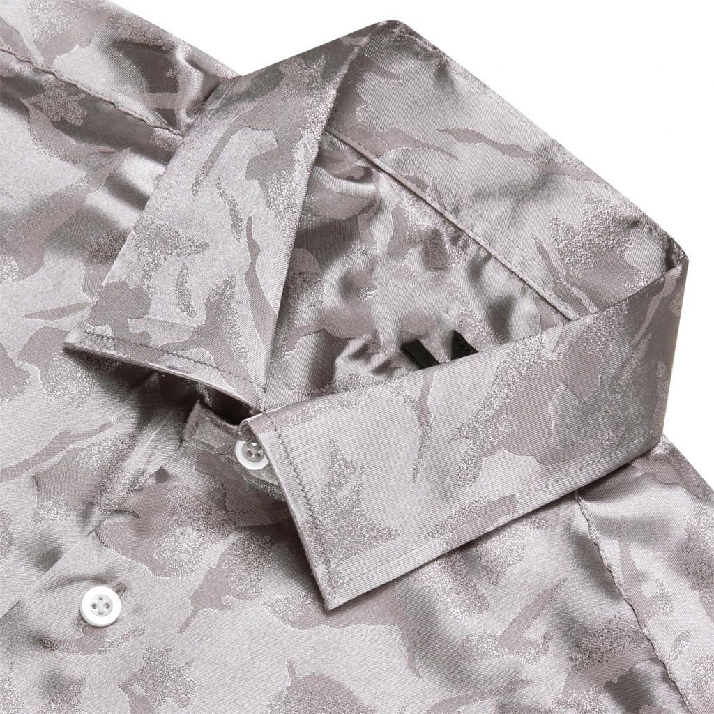 Men Silk Satin Long Sleeve Silk Gray Leaves Male Blouses Casual Lapel Tops Breathable