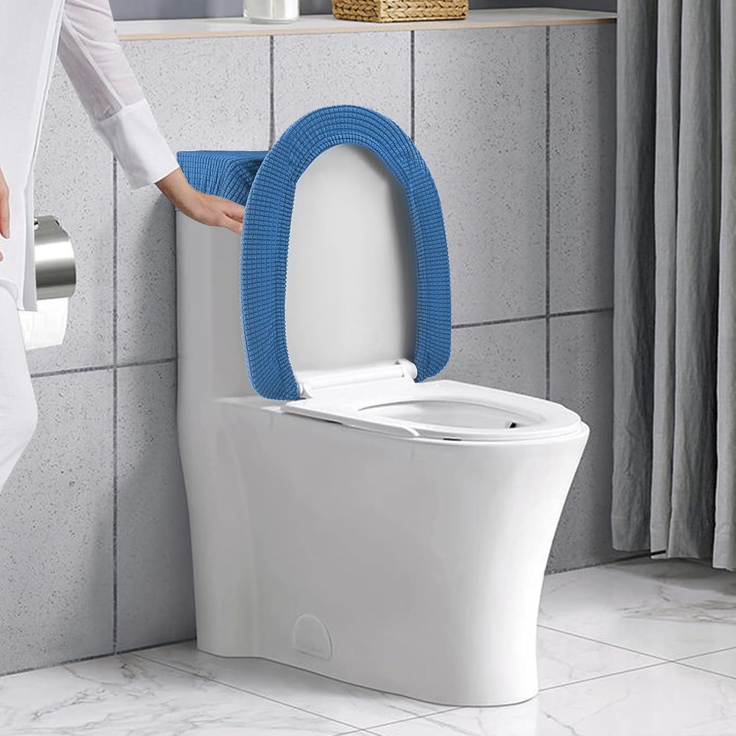 Toilet Lid Cover and Toilet Tank Cover Stretch Toilet Covers Set for Bathroom, Polyester Spandex Jacquard Fabric, Machine Washable, with Elastic Bottom, Blue