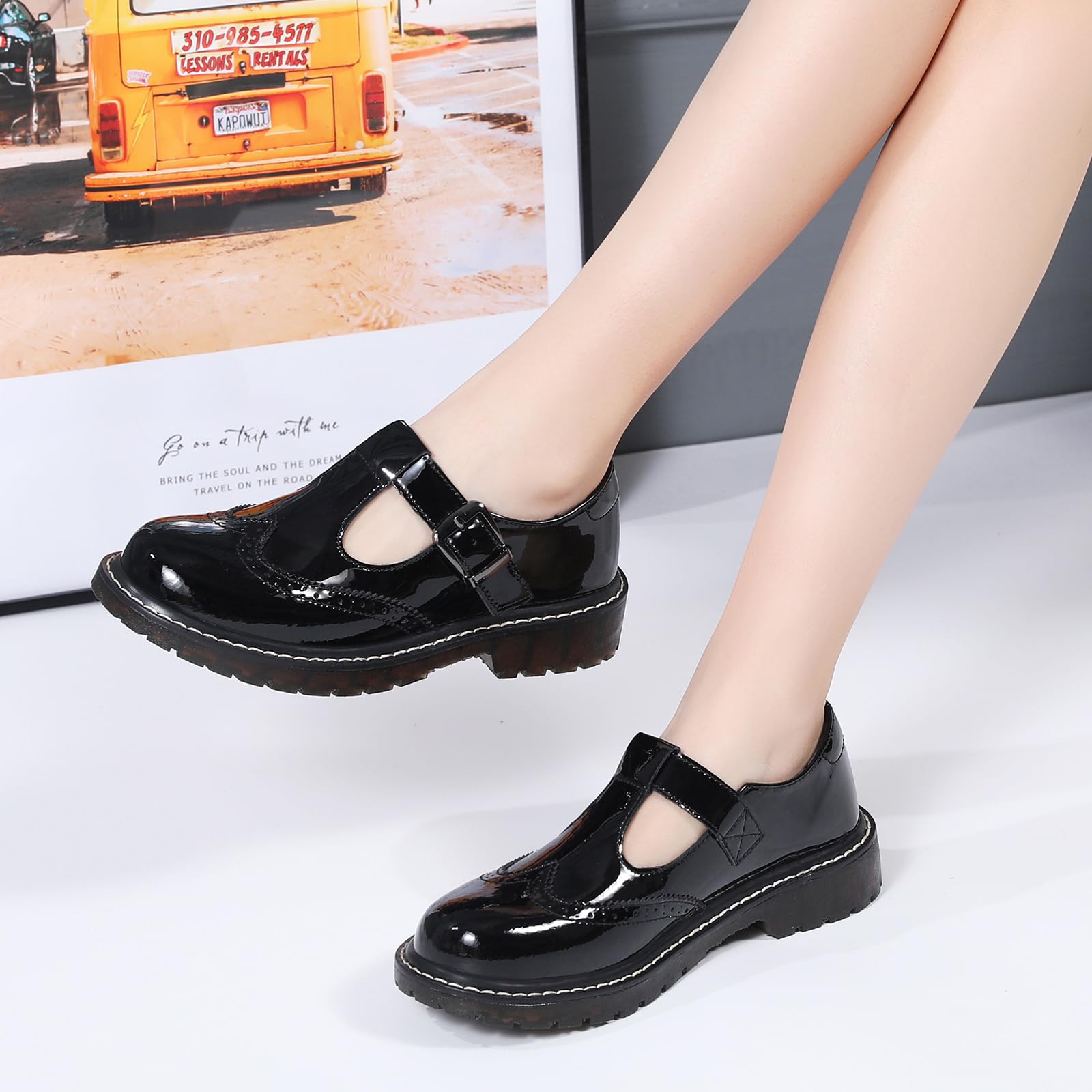 XMM Mary Jane Shoes Women Oxford Shoes Leather Round Toe Flats Non-Slip Ankle Buckle Strap Comfort Casual Dressy Cosplay Party School Work Shoes