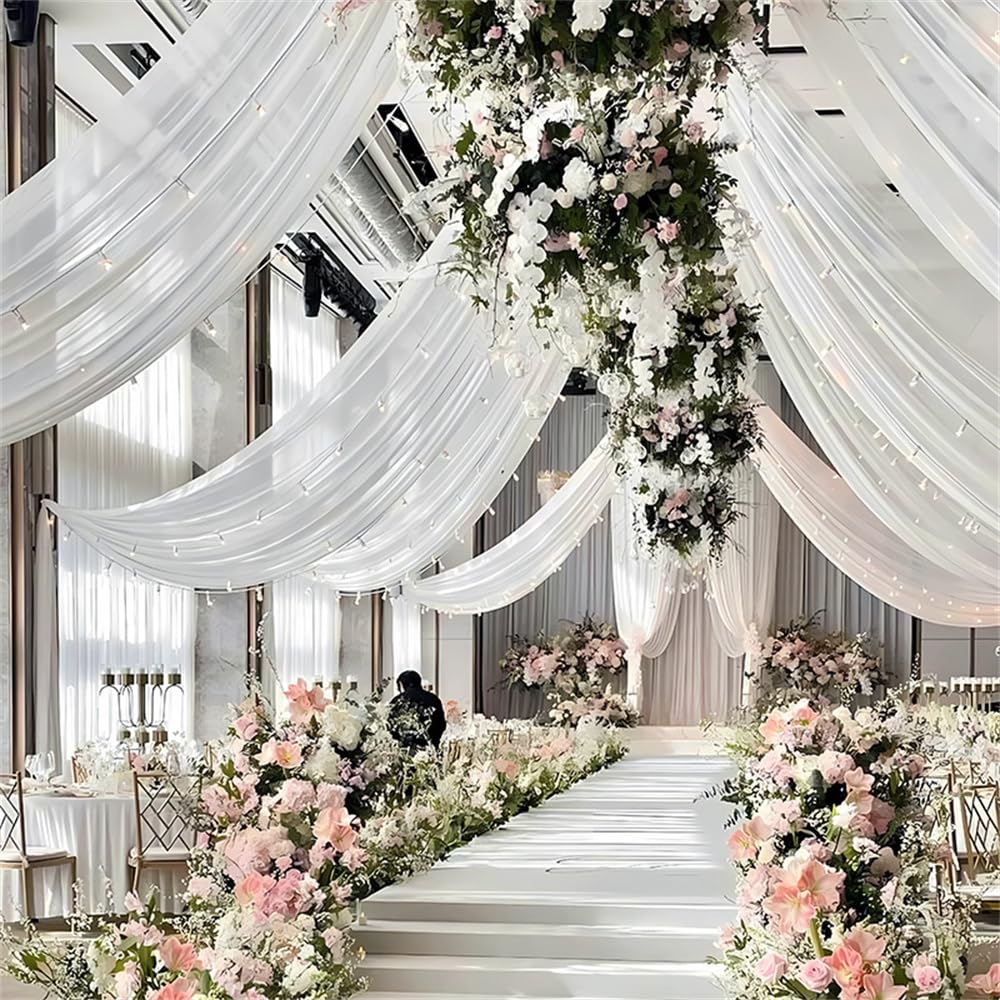 Mateju Lot de 4 Tenture Mariage Plafond Voilage Blanc Decoration Plafond Mariage Tulle Rideaux de Plafond en Mousseline de Soie pour Mariage, Arche, Fête, Cérémonie Décoration (150x600cm)