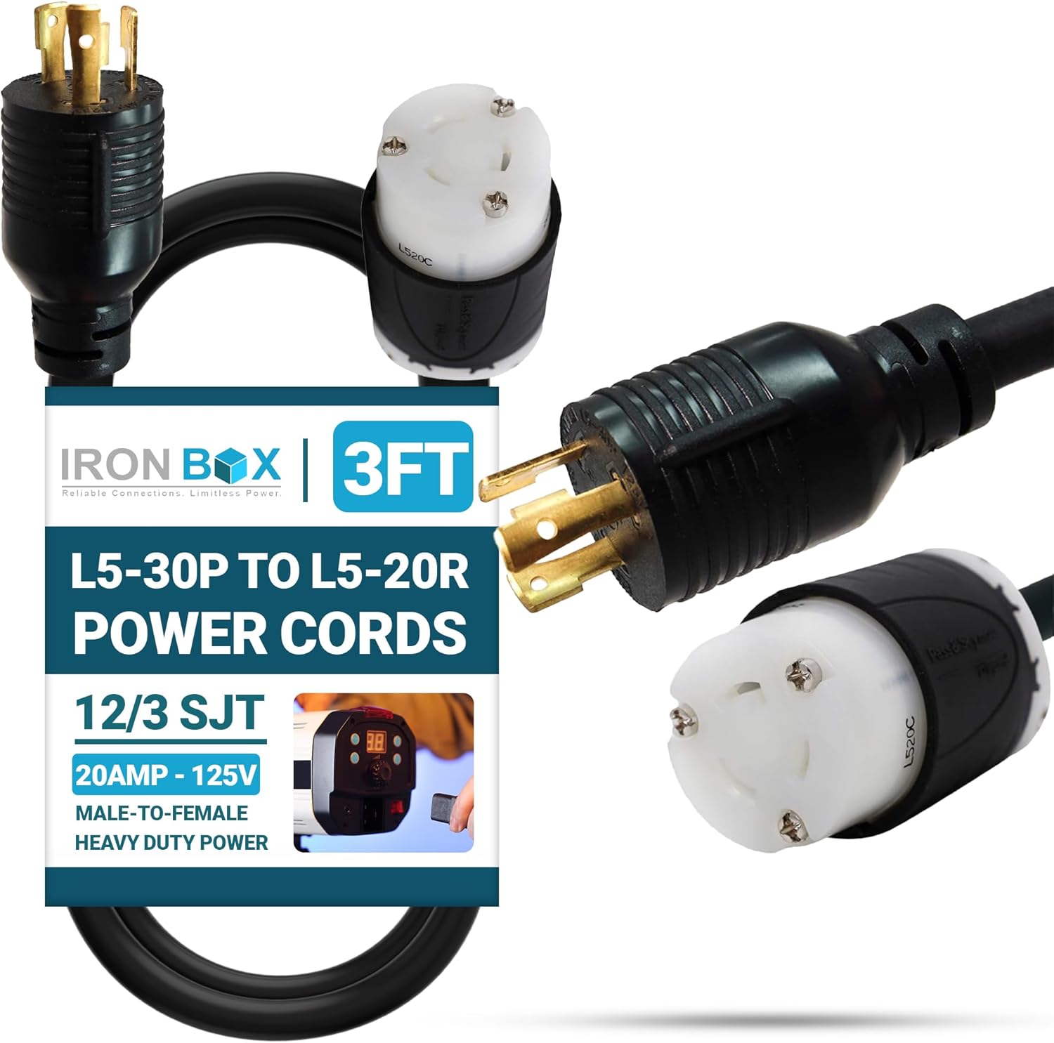 IronBox Electric NEMA L5-30P to L5-20R Plug Adapter Power Cord - 20A, 125V, 12/3 SJT - UL Listed Power Cable - Heavy Duty Extension Cord for Generator, Data Centers, Outdoor & More (3ft, Custom Built)