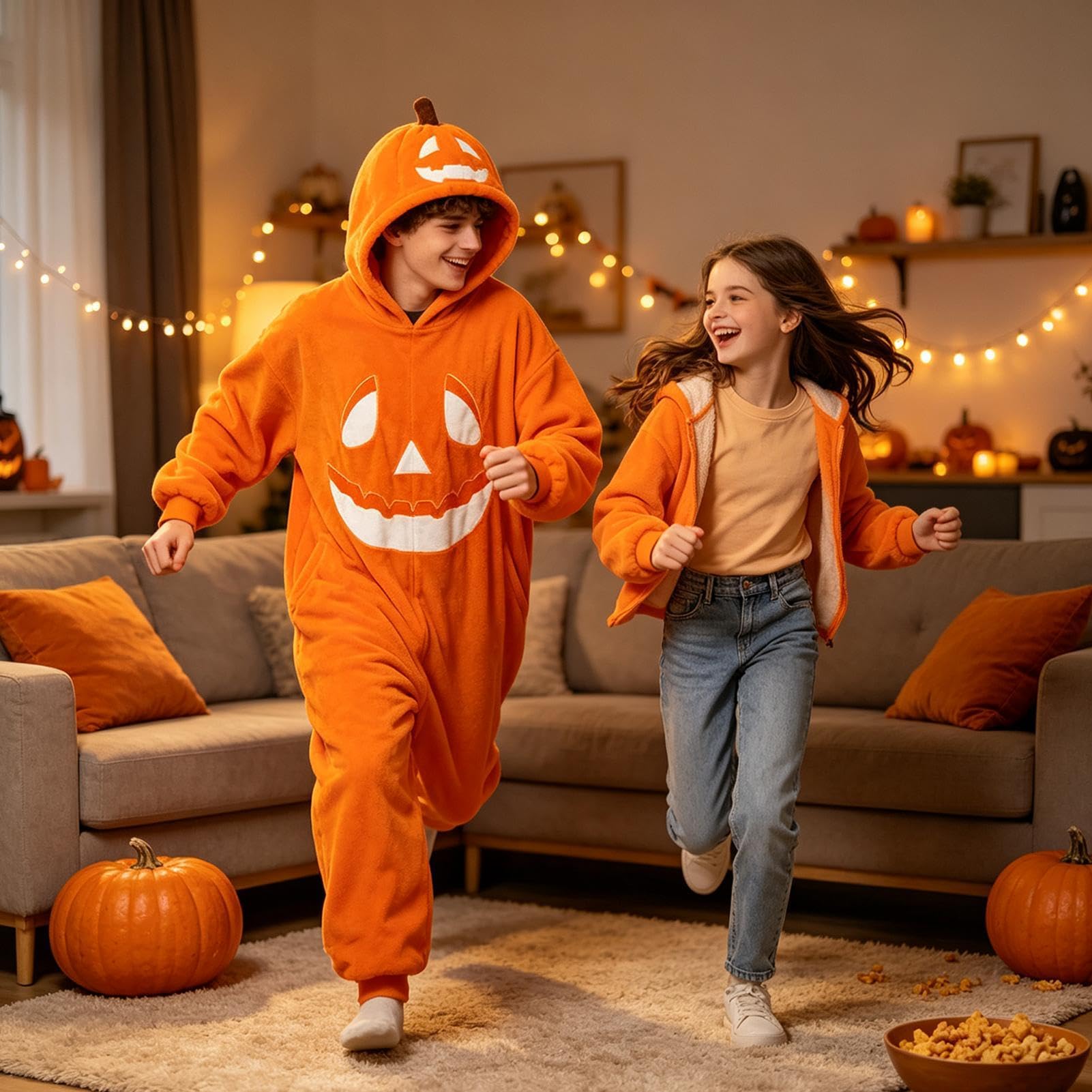 Kostium dyni na Halloween, miękki, pomarańczowy, unisex, odzież domowa z kapturem | Halloweenowy kombinezon z kapturem z dynią na cosplay, do domu, na maskaradę, koncert, karnawał, dla par rodzinnych