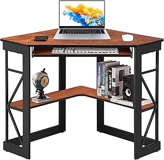VECELO Corner Computer Desk 41 x 30 inches with Smooth Keyboard & Storage Shelves for Home Office Workstation, Teak