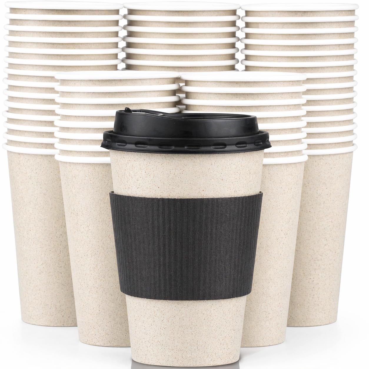Promora 200 Pack 8 oz Natural Cream Disposable Coffee Cups with Lids &amp; Sleeves, Hot Coffee Cup Sleeves Disposable, Premium Insulated To Go Coffee Paper Cups with Lids &amp; Sleeves (8 oz, Pack of 200)
