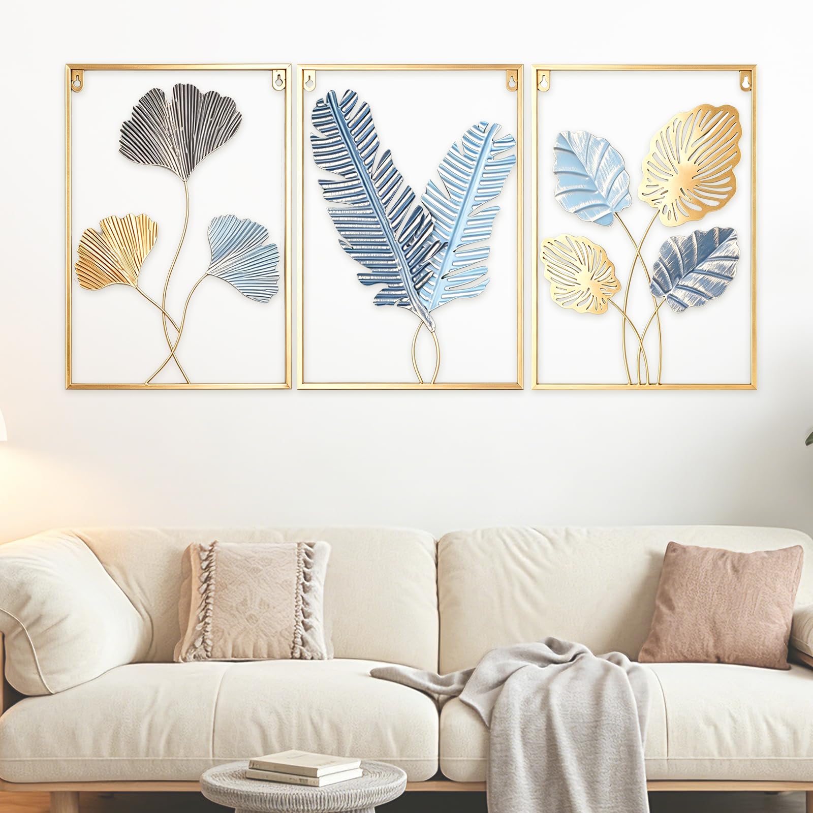 TECKZOON Set di 3 quadri da parete in metallo, 43 x 30 cm, con cornice dorata, decorazione da parete moderna per camera da letto, cucina e ufficio (oro/blu, ginkgo, ocra e foglie di banano)