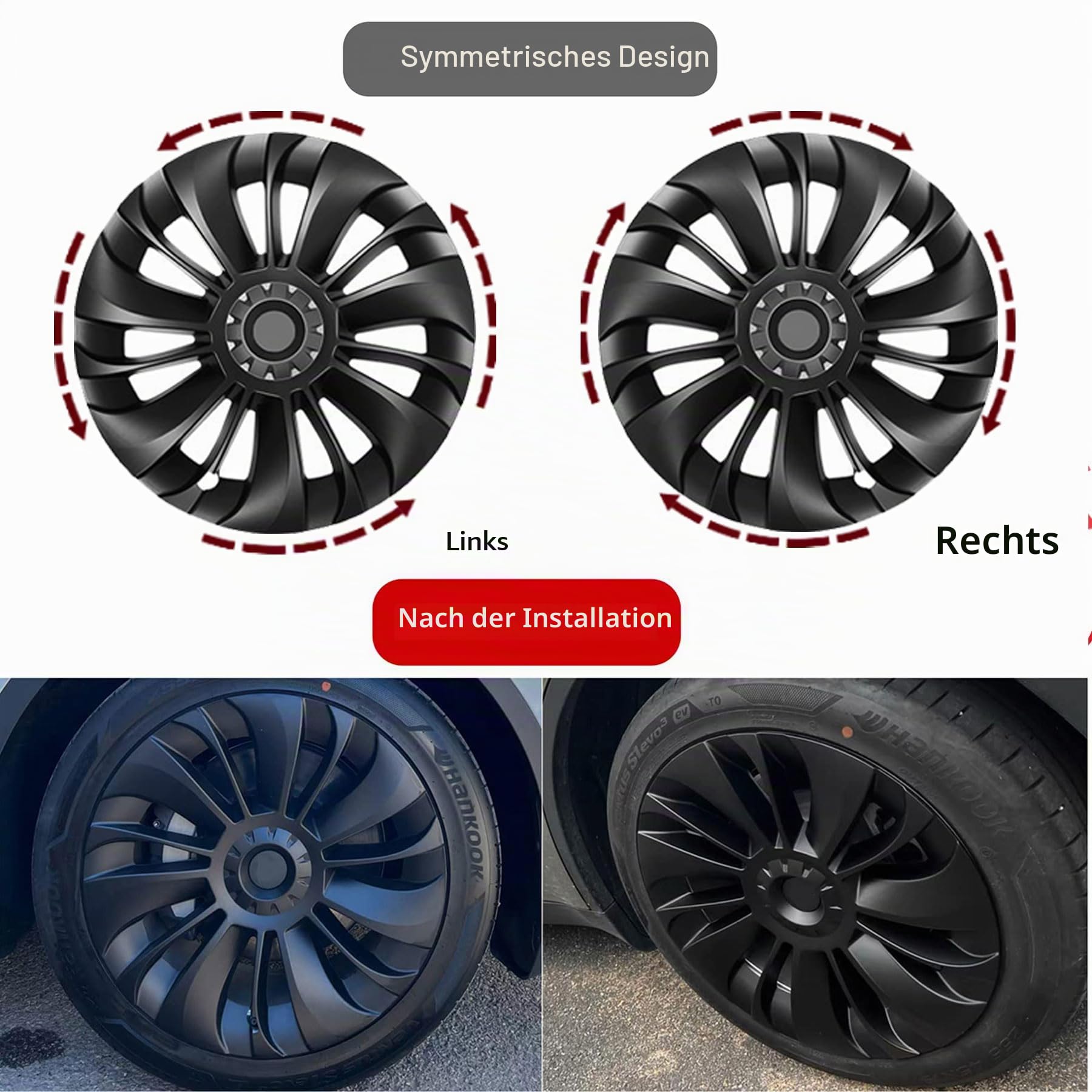 KAVANIC passend für Tesla Model Y Radabdeckung, Radkappe 19 Zoll, Mattschwarz, unterstützt Logo-Symmetrie-Design (4 Stück), Cyclone-Stil, 2020–2024 Modell Y Gemini Radabdeckung Ersatz