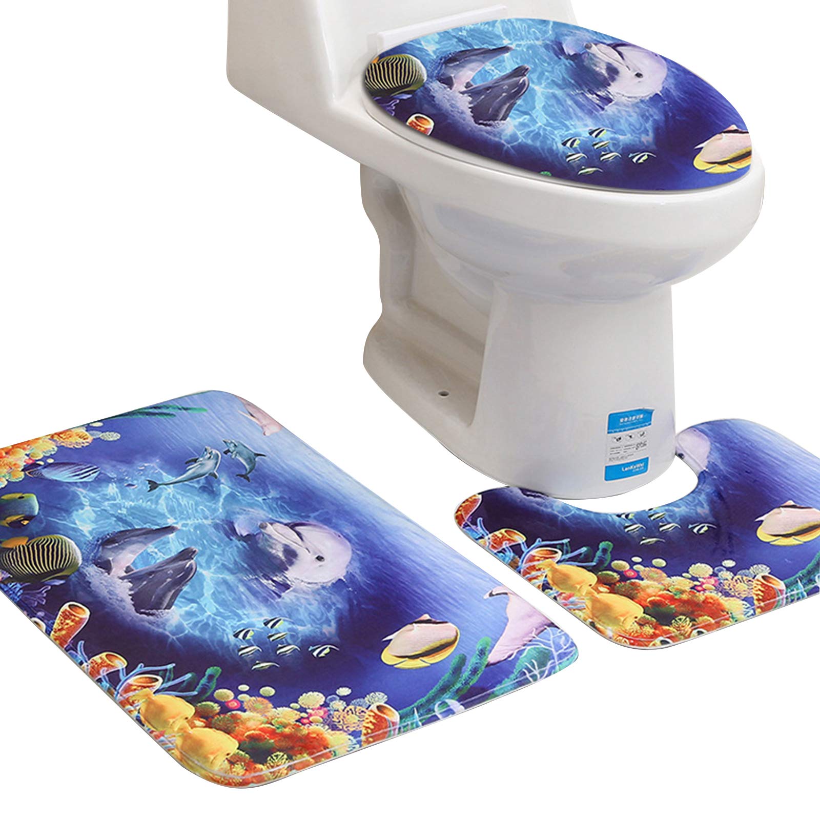 Dolphin Print Bathroom Mat Rug 3pcs Non-Skid Bath Mat with Toilet Seat Cover Contour Mat Lid Cover for Bathroom Decoration