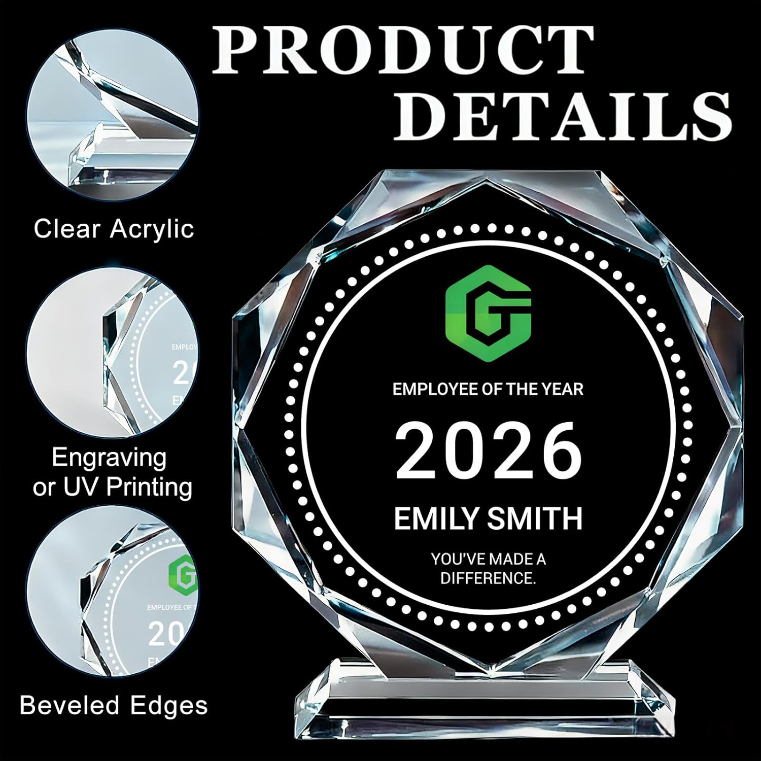 Personalized Acrylic & Crystal Trophy with Logo & Custom Text, Bulk Employee Recognition Awards for Corporate Appreciation, Retirement, Farewell, Team Achievement & Sports - Image 5