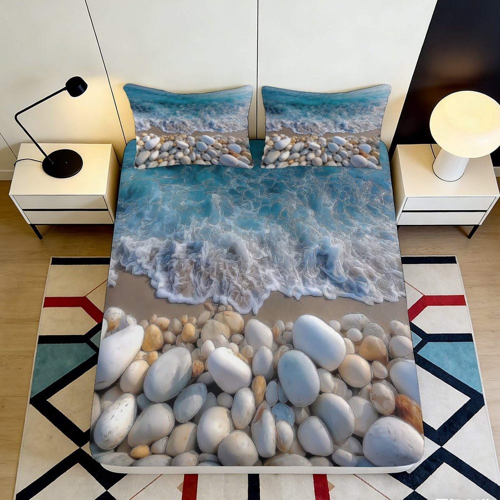 3D Printed Beach Pebble Fitted Sheet Soft Microfiber Deep Pocket Bedroom Bedding Set Ocean Mattress Fitted Cover Non-Slip Elastic Hem for Adults 200x200x25cm