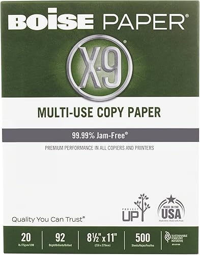 Boise X-9 Papel multiusos, 92 brillante, 8 1/2" x 11" tamaño carta, 20 libras, 500 hojas resma