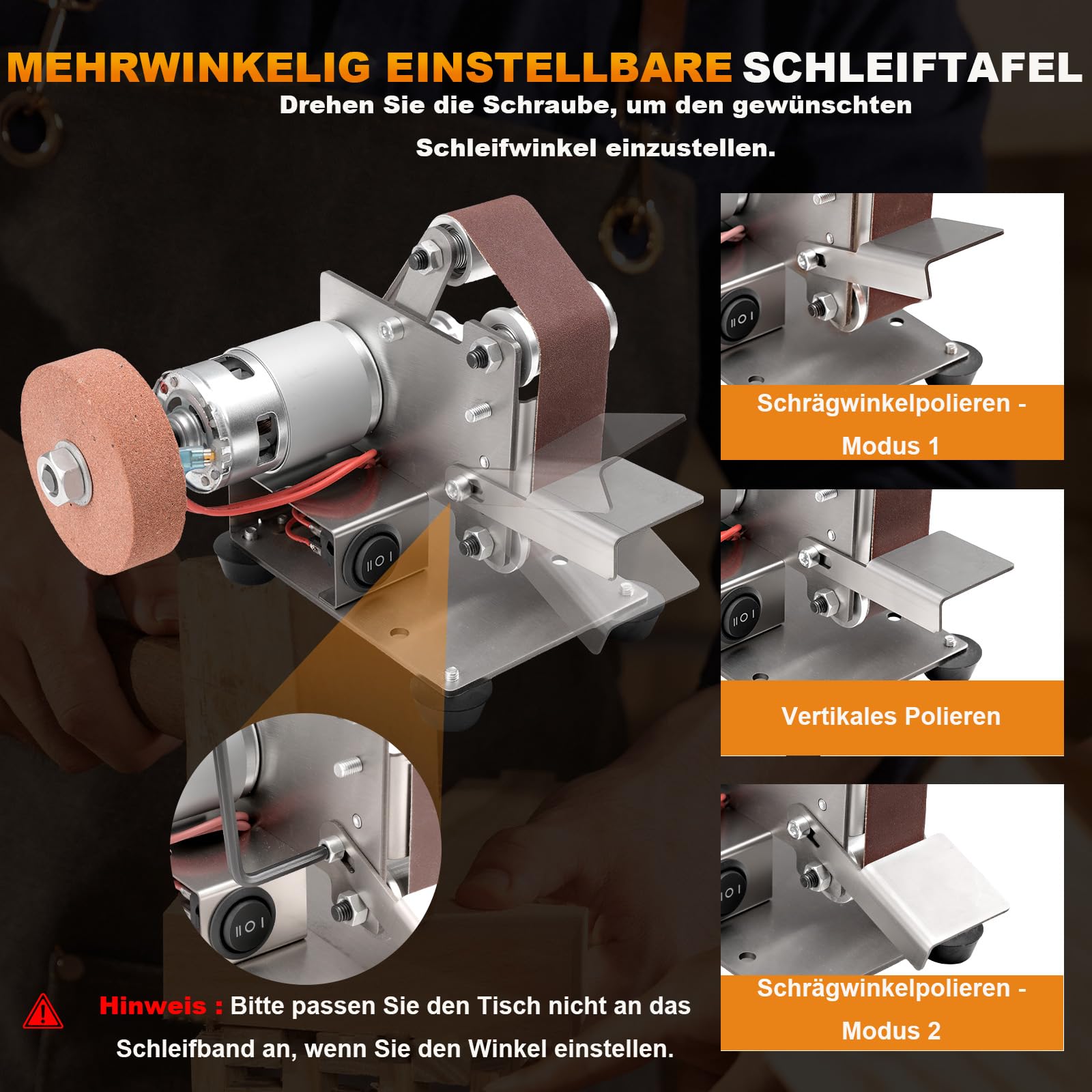 Mini-Bandschleifer-Set – 3-in-1, Geräuscharm, 7-stufige Geschwindigkeitsregelung | Schleifen & Polieren für DIY, Holz & Metall(100 x 120 x 130 mm)