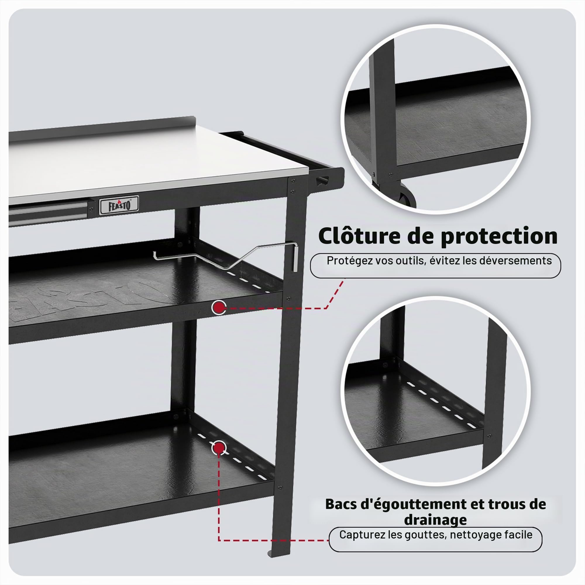 Feasto Chariot de Barbecue d'extérieur de 80 x 45,7 cm avec Plateau en Acier Inoxydable, Table de Gril Mobile avec Support d'assaisonnement et Support magnétique pour Outils, Table de préparation des