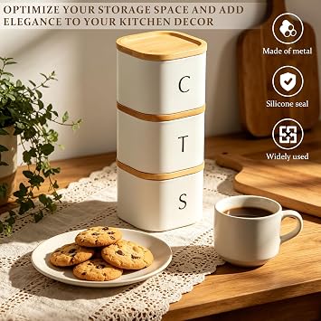 3 Pack Stackable Coffee Tea Sugar Container Set, Square Kitchen Canister Tins with Bamboo Lids, Countertop Storage Jar for Coffee Beans, Tea, Sugar, Flavourings, Cereals, Snacks(White)