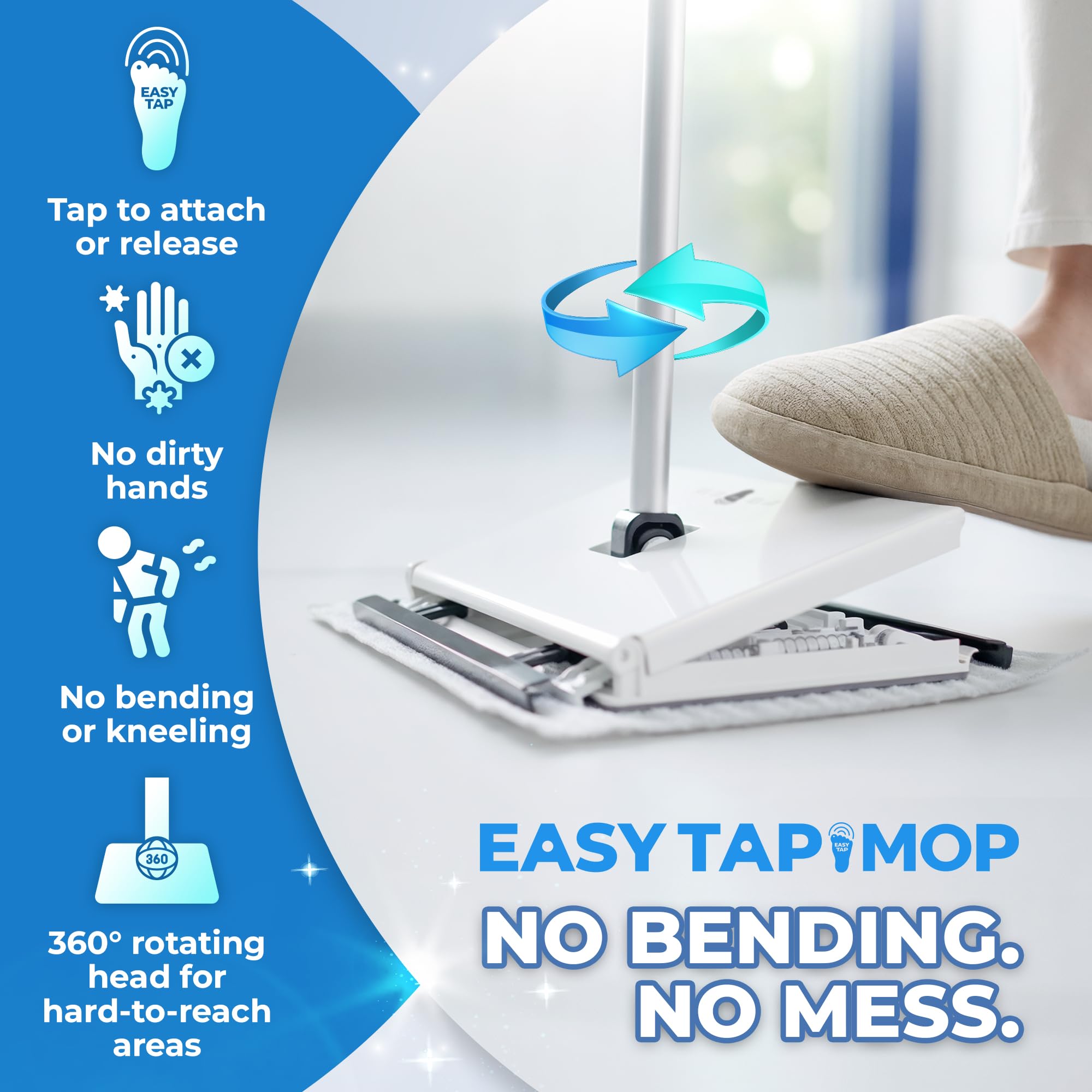 Hands-Free Flat Floor Mop & Sweeper - Foot-Tap Lock System Compatible with Most Pads - 360 Swivel & Adjustable Aluminum Handle - Includes Baking Soda Wet Wipes & 3D Microfiber Cloth — view 3
