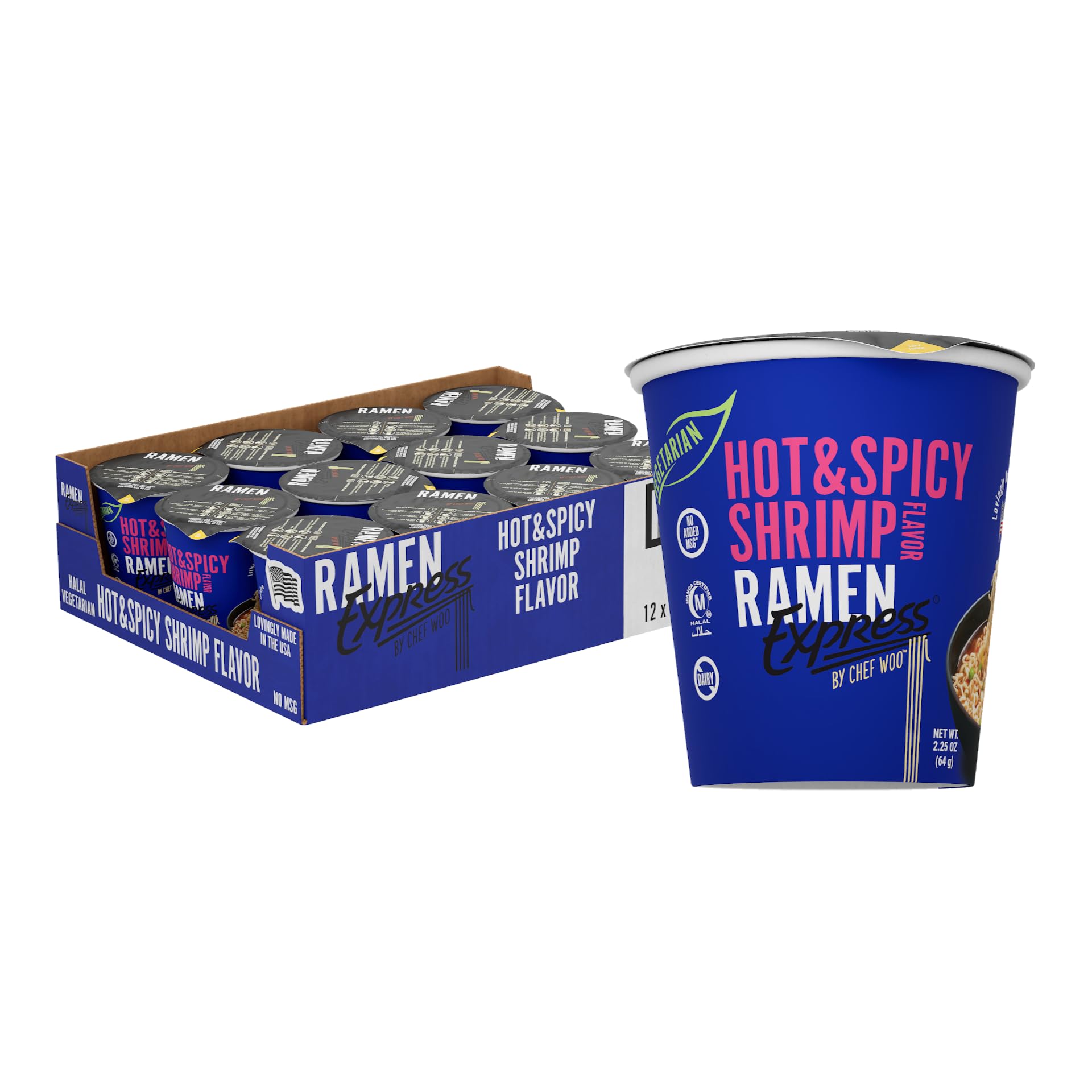 RAMEN EXPRESS Hot & Spicy Shrimp Flavor Ramen Cup Noodle, 2.25 Oz Each (Pack Of 12) | Animal-free Ramen Noodles | All Plant-based | Made in U.S. with finest American flour