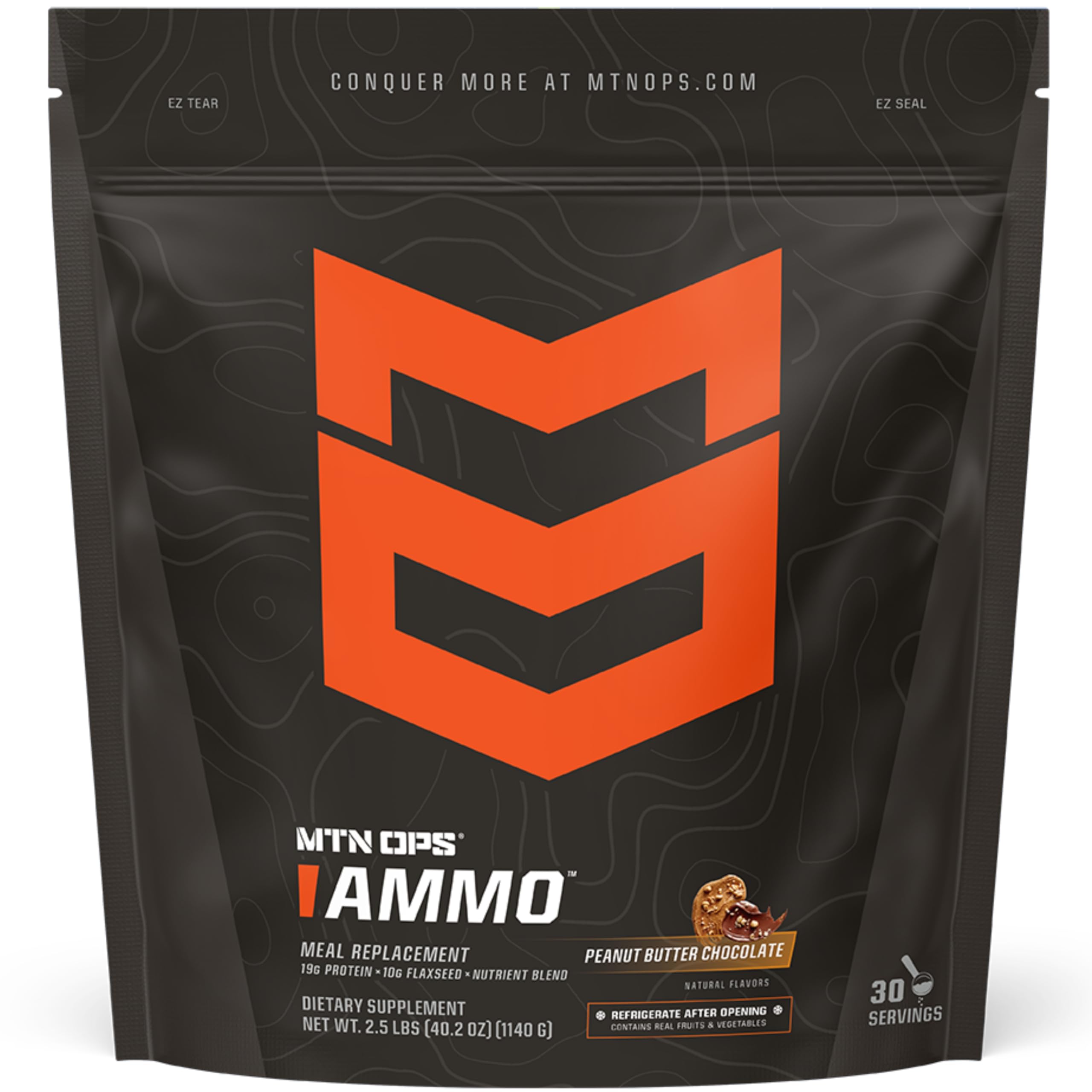 - MTN OPS Ammo Meal Replacement Shake Powder – 19g Protein, 10g Flaxseed, 4.5g Whole Foods, Real Fruits & Vegetables – Daily Nutrition & On-the-Go Fuel, 30 Servings, Peanut Butter Chocolate