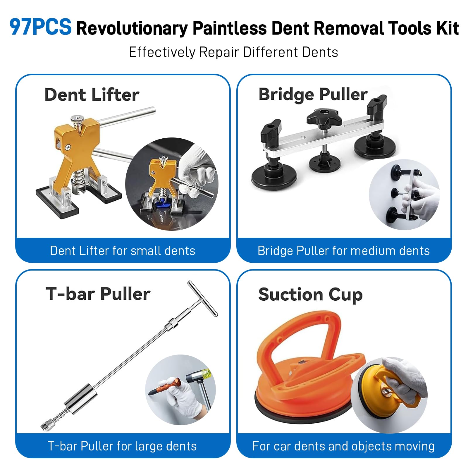 97pcs Dent Puller Kit, Car Dent Puller for Dent Removal, Paintless Dent Removal Kit with Golden Lifter, Bridge Puller, Slide Hammer T-Bar, Dent Remover Tool for Car Refrigerator Door Ding Repair
