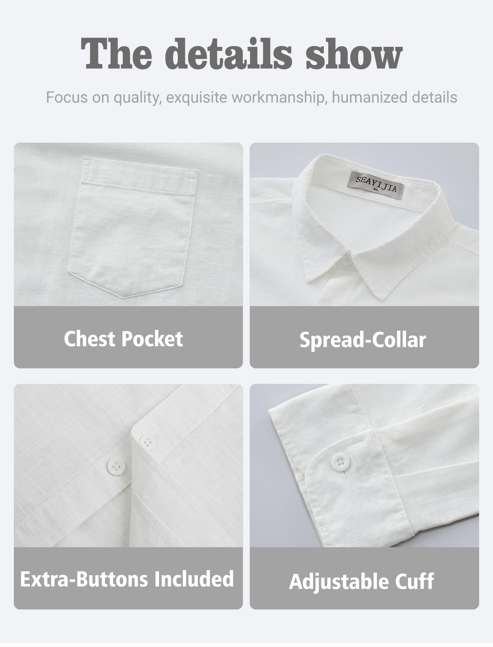 Camicia Uomo in Cotone-Lino a Maniche Lunghe, con Tasca, Camicia Casual da Spiaggia, Regular Fit, Camicia d'Estate