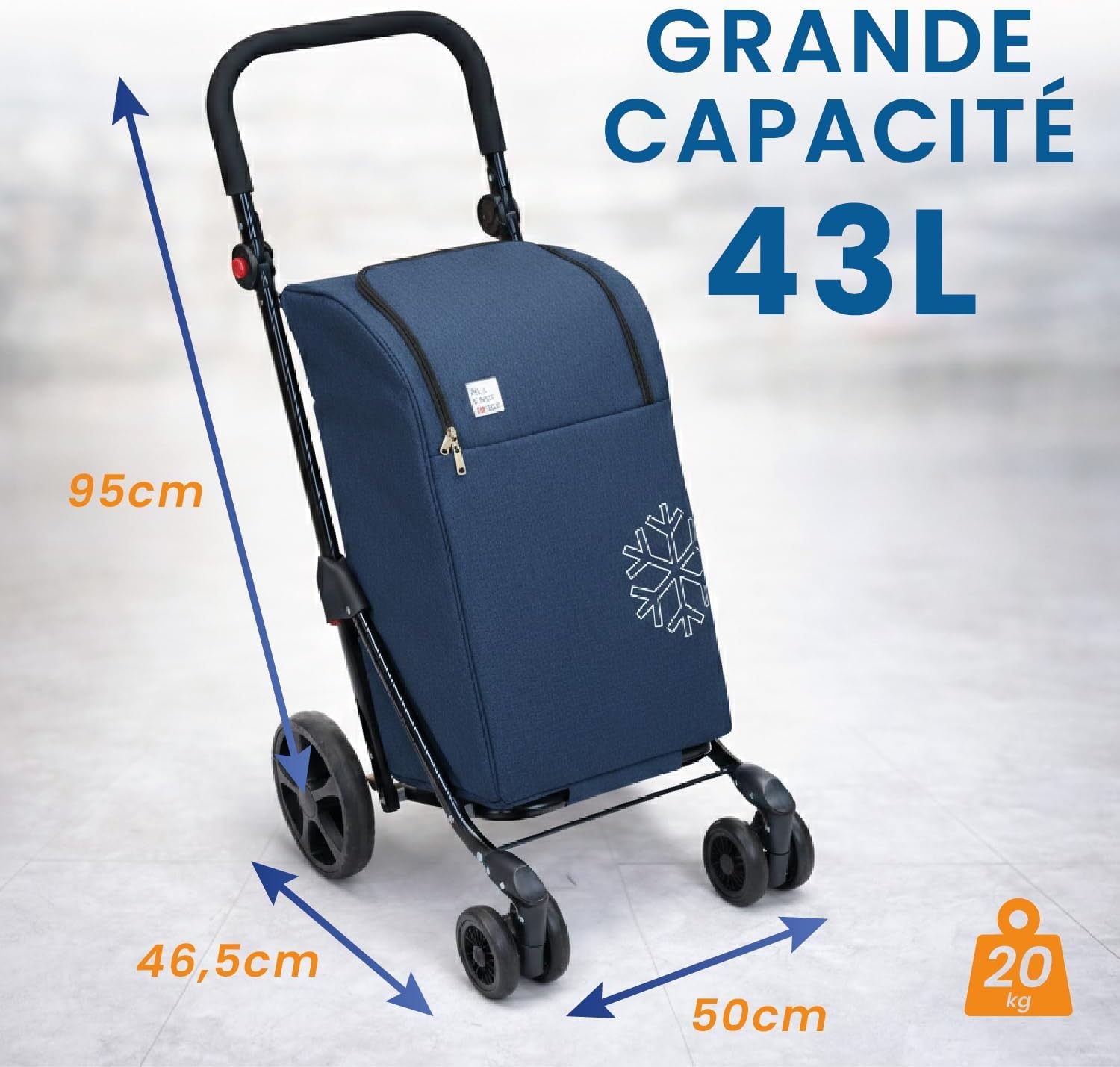 Chariot de Courses 4 Roues Sidebag Quatroll Over - Maniabilité exceptionnelle grâce aux Roues directrices - Sac Isotherme 43L - Compact & Pliable - Poignée Multiposition - Charge 20 kg (Bleu)
