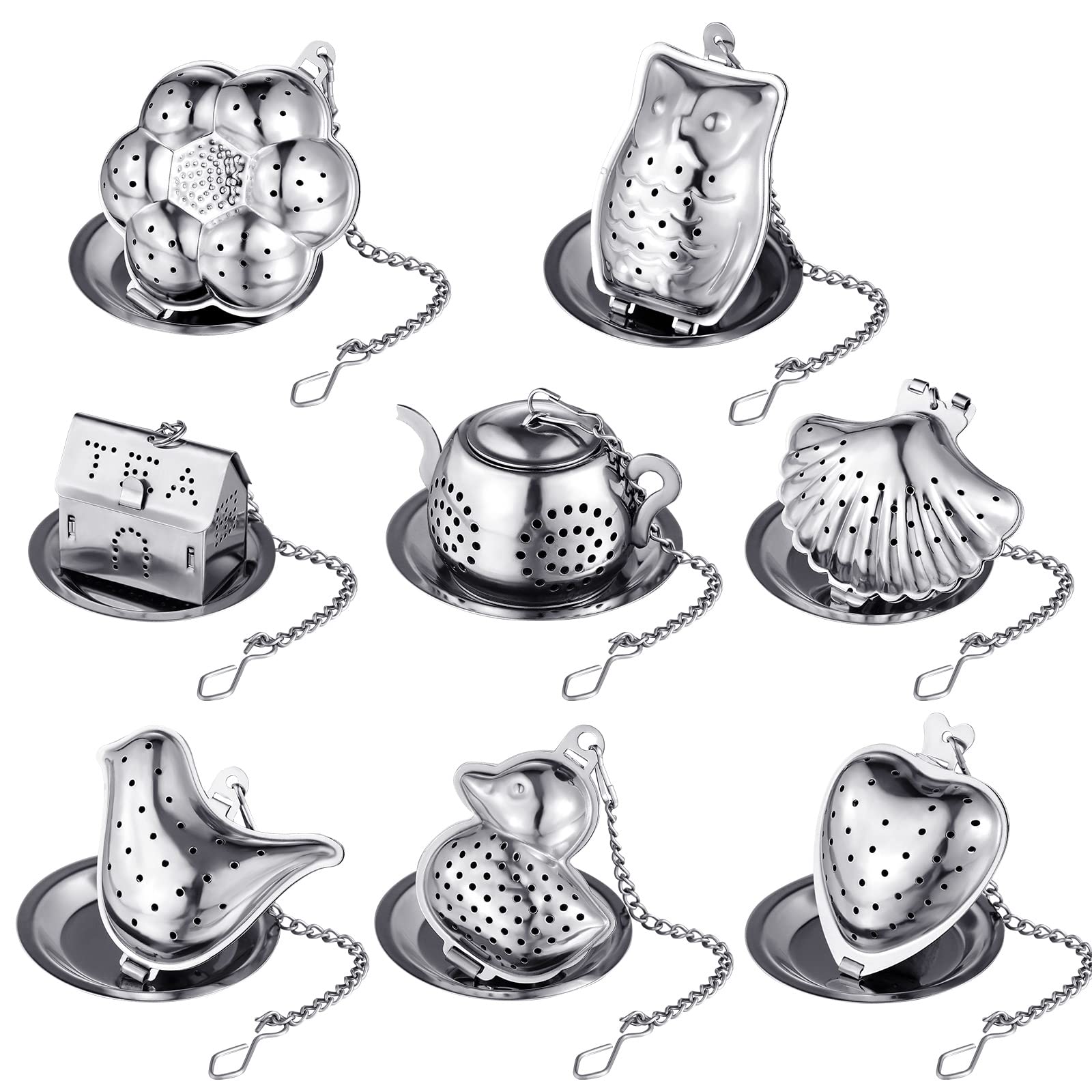Vesici 10 Sets Loseblatt Tee-Ei Set Edelstahl Teesieb für losen Tee Halter Infuser Ball Teefilter Inklusive Kettenhaken und 1 Tropfschalen mit 1 Teelöffel zum Aufbrühen von Teeblättern Becher