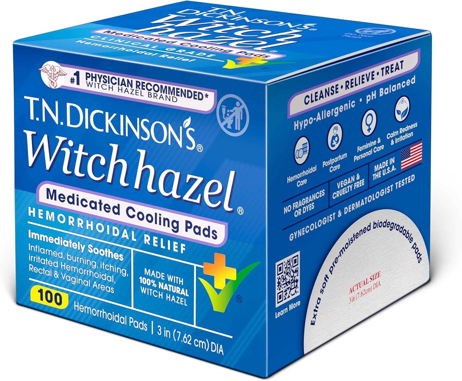 T.N. Dickinson's Hemorrhoidal Pads, Witch Hazel with Aloe, 100-Count Packages (Pack of 2)
