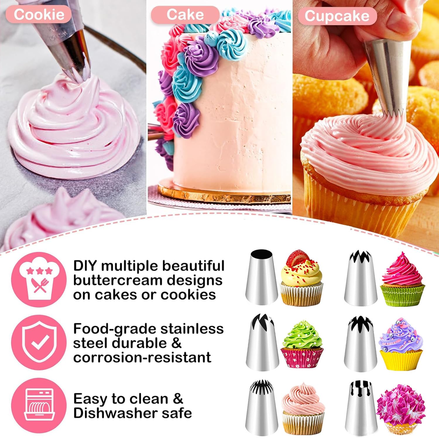 BEEK 0ZFL Lot De 6 Douilles à Douille, 5 Grandes Douilles Et Poche à Douille En Silicone De 40 Cm, Poche à Douille Réutilisable, 5 Types De Buse De Décoration De Gâteau