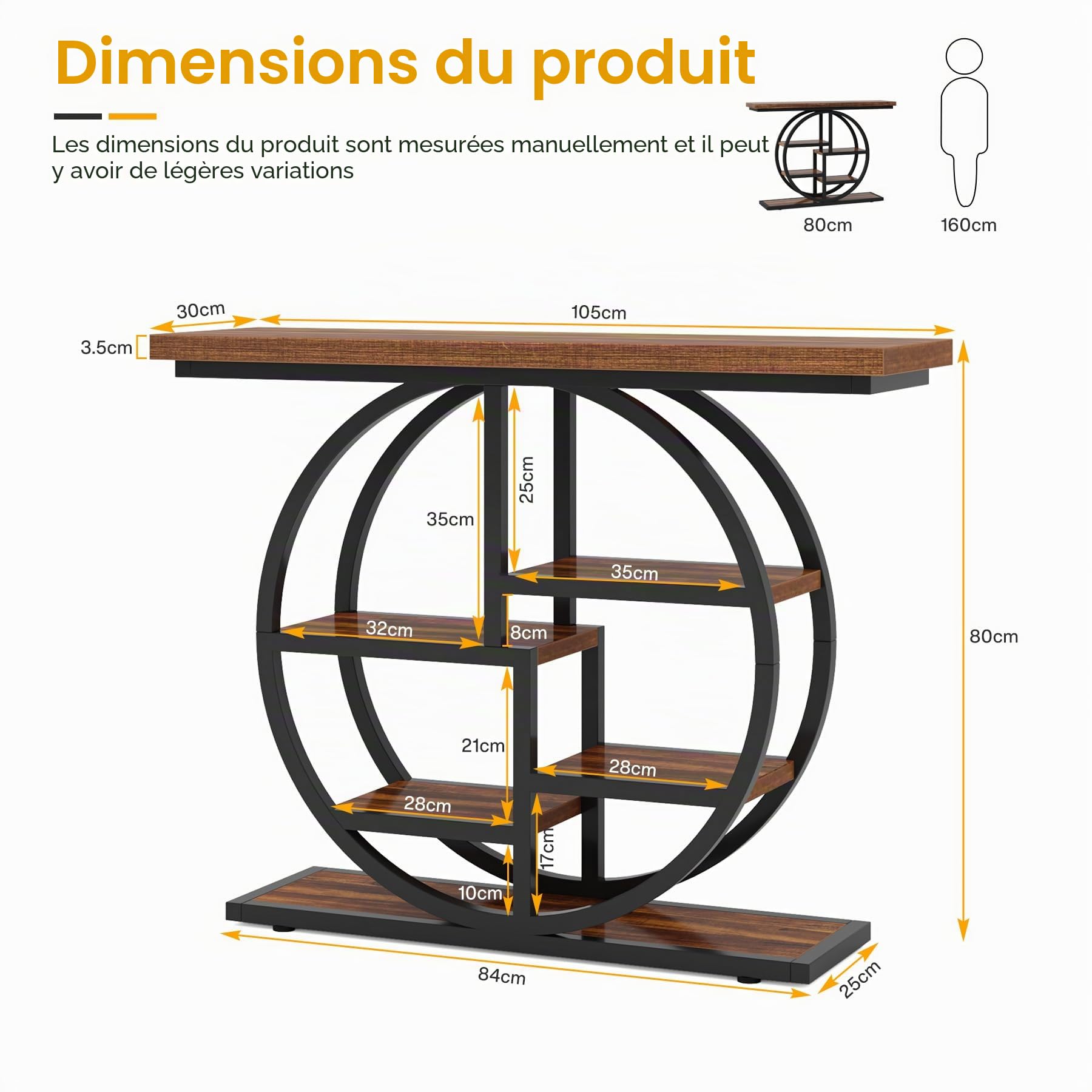 Tribesigns Table console industrielle à 6 niveaux avec base circulaire, Meuble Table d'appoint étroite en bois avec étagères de rangement pour salon, couloir, foyer - Marron rustique - 105 cm