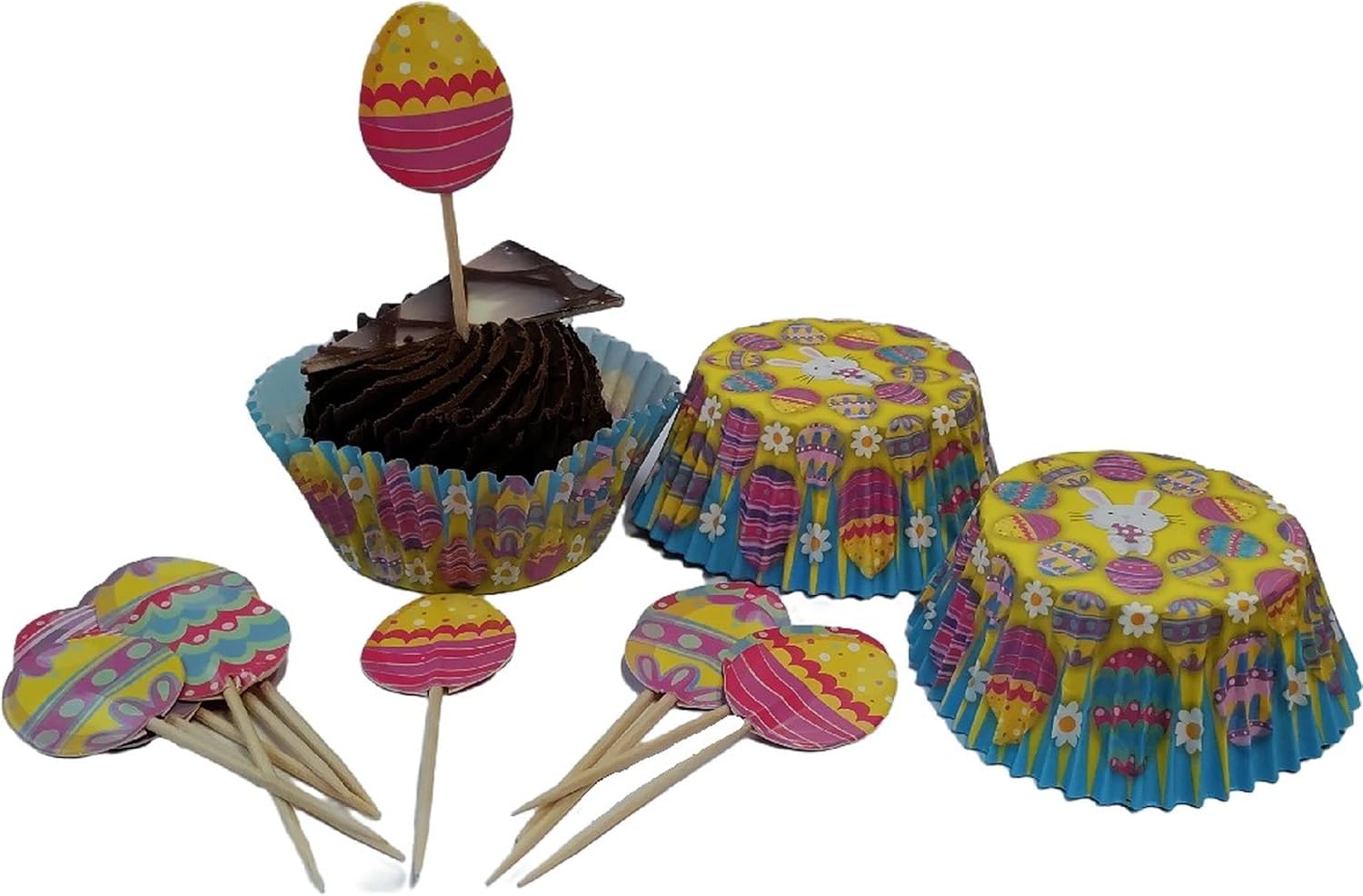 24 Piece Easter Cupcake Cases & Picks Disposable Easter Egg Cake Toppers Cute Bunny Cace Cases