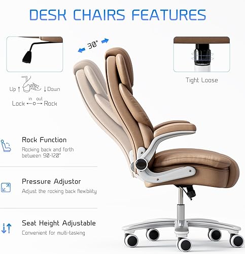 Miniatura 6 de GYI Silla de oficina grande y alta, asiento ancho de 400 libras, silla ergonómica de escritorio ejecutiva de cuero con brazos abatibles, color marrón