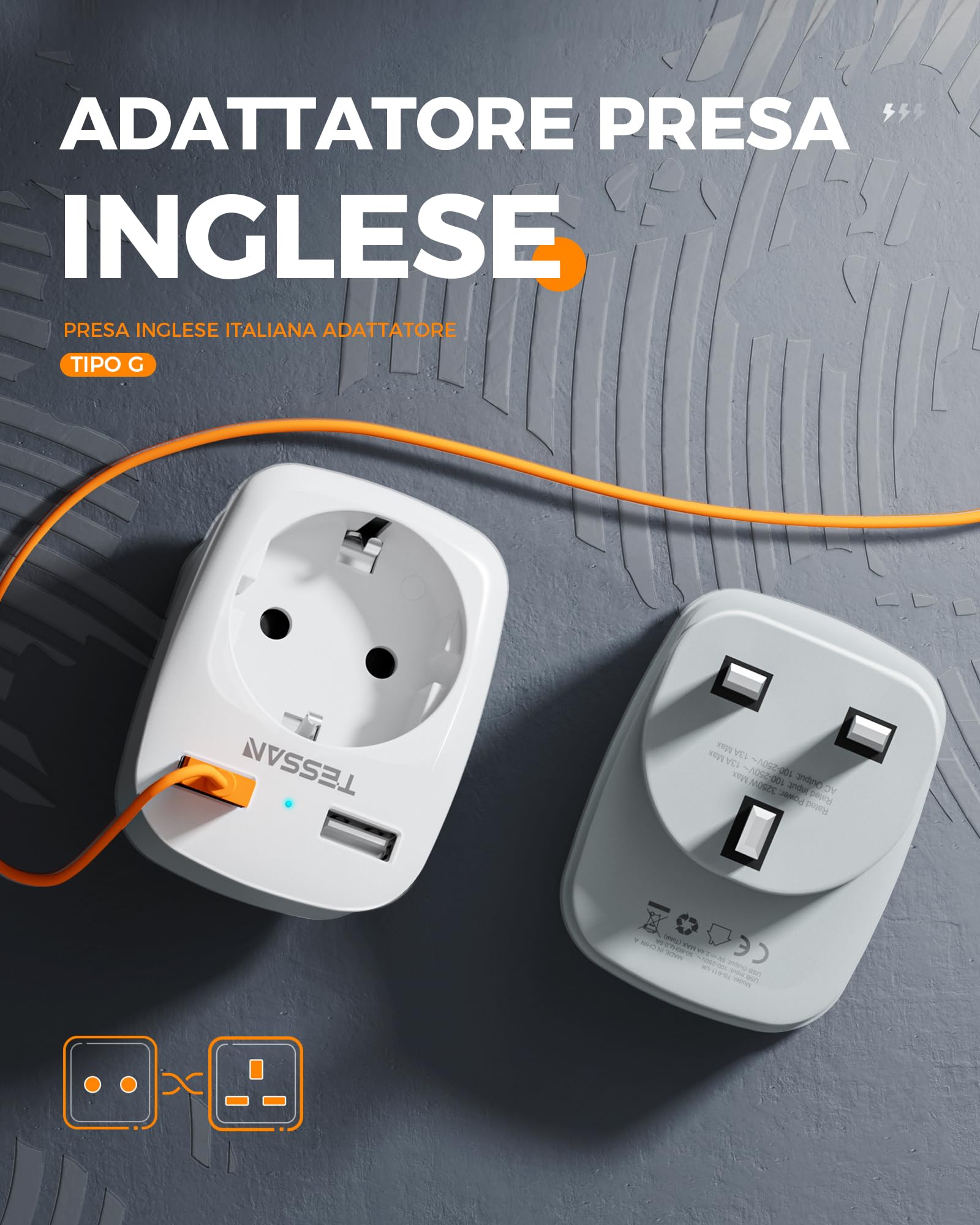 TESSAN Adattatore Presa Inglese, Adattatore Spina Inglese con 2 USB, Adattatore UK per Gran Bretagna, Qatar, Irlanda, Gambia, Adattatore Prese Inglesi 3250W, Adattatore Presa Inglese a Spina Italiana