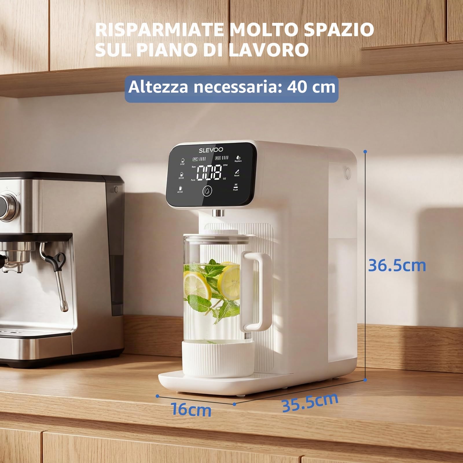 Impianto ad osmosi da tavolo per acqua potabile, filtrazione a 6 livelli contro nitrati e PFAS, rapporto delle acque reflue 4:1, monitor TDS, serbatoio da 4 l, brocca in vetro remineralizzante da 1,2