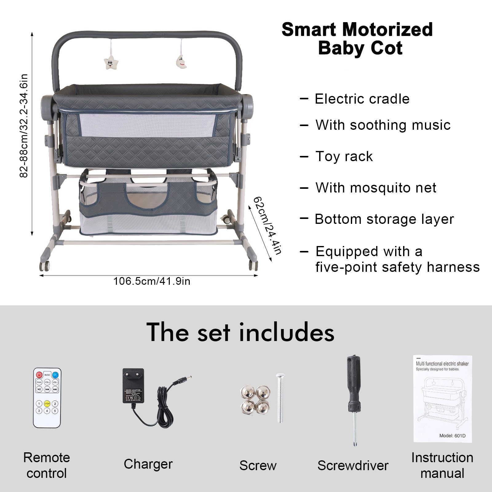 Tragbares Bettchen 3 in 1, Babyschaukel, Neugeborenenbett, mit Wickeltisch, Moskitonetz, Aufbewahrungskorb, Matratze, 4 Räder, für 0-24 Monate Baby (Elektrisch GRAU)