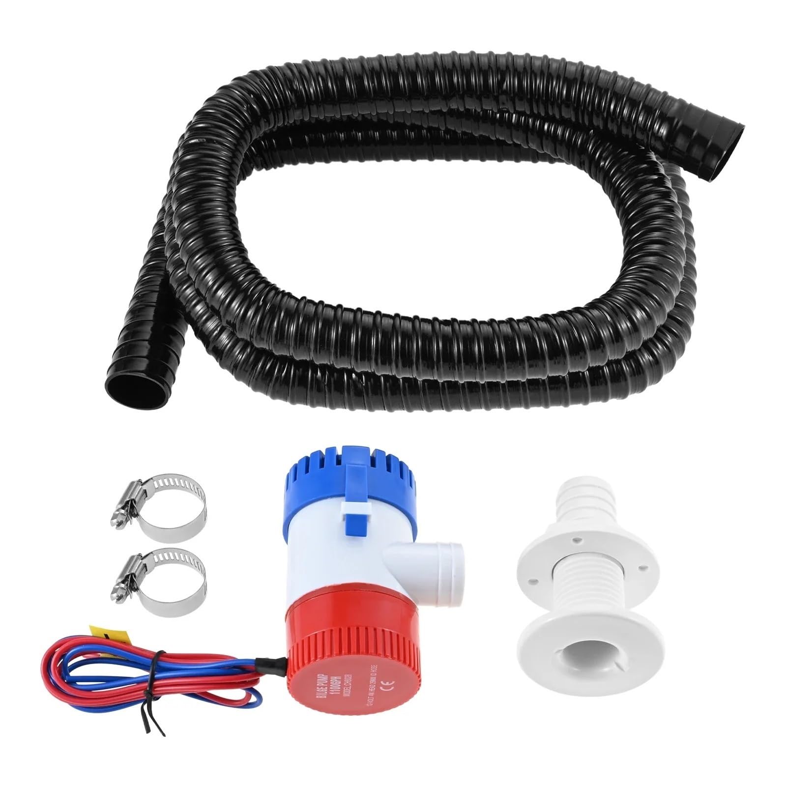 Zestaw hydrauliczny do pompy zęzowej 1-1/8 cala, 1100 gph, elektryczny 12 V wody łodzi, wąż 6 stóp, zaciski ze stali nierdzewnej i złączka przez kadłub(Black)