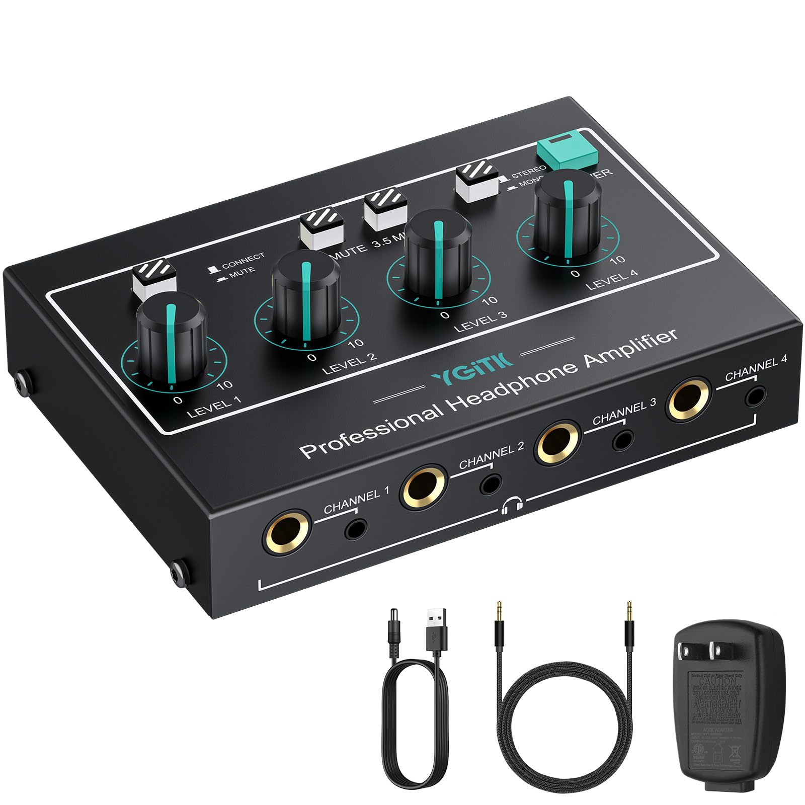 Amplificateur de Casque, Mono/Stéréo 4 Canaux Amplificateur Audio Professionnel, Séparateur de Casque Volume Indépendantes TRS 3,5 mm / 6,35 mm pour Scène Clavier de Guitare Basse