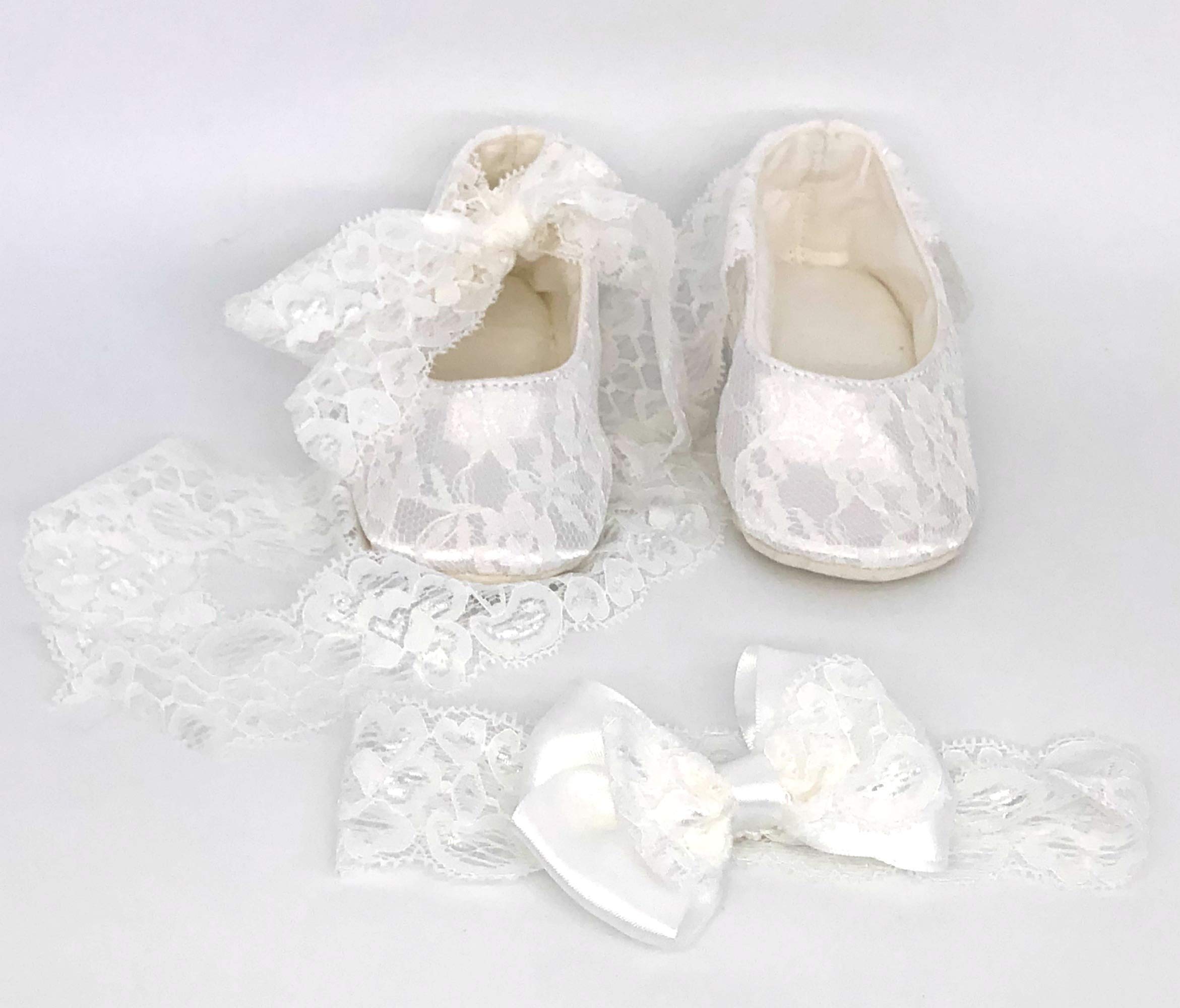 SET PIZZO FASCIA CAPELLI E BALLERINE IN PIZZO BIANCO BAMBINA NEONATA SCARPINE SCARPE ELEGANTI BATTESIMO CERIMONIA NASCITA 12 CM Brillabenny (6-12 Mesi)