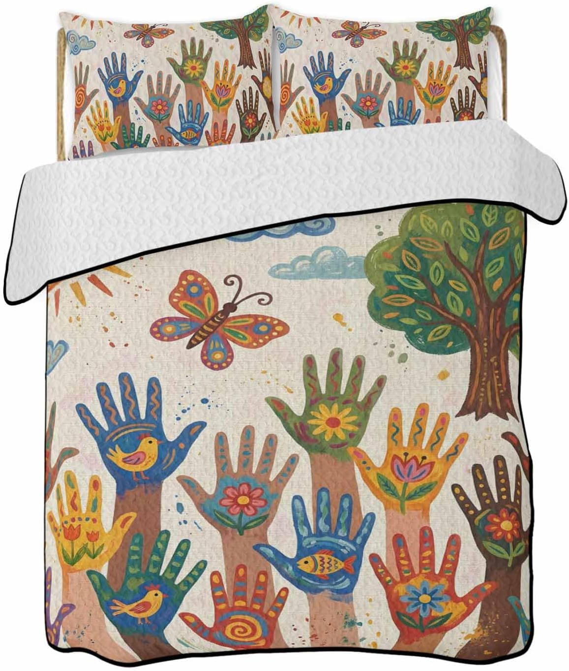 Full Size Quilt Bedding Set, Children's Day Lightweight Summer Quilt 3 Pieces Bedding Sets, Cartoon Handprint Butterfly Retro Beige Reversible Soft Bedspreads Coverlets with 2 Pillow Shams