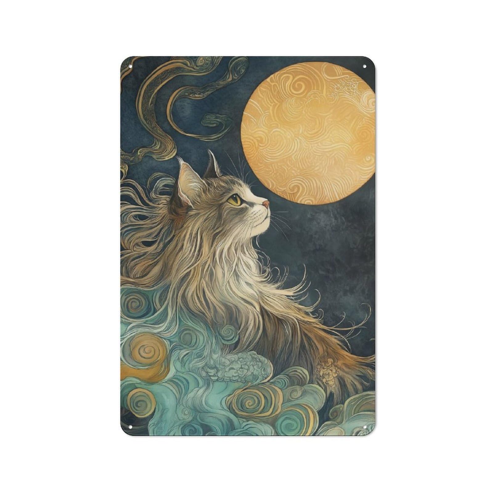 Junmoney Cute Cat Look At The Moon Rustic Tin Sign 30X20cm For Home Bar Wall, For Home Interiors, Feature Walls And Decorative Displays