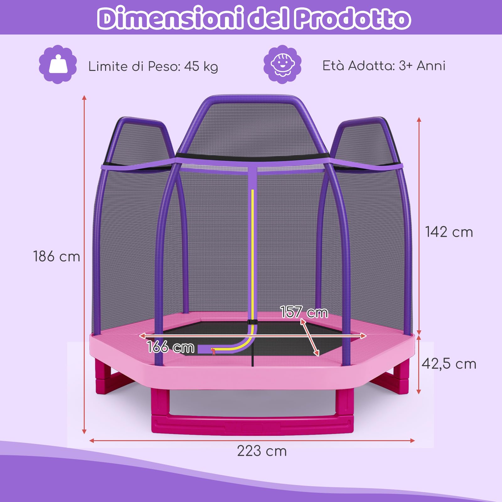 COSTWAY Trampolino Elastico per Bambini 223 cm, Tappeto Elastico per Bambini da Esterno ed Interno con Rete e Cuscinetto a Molle, Portata150 kg, Adatto ai Bambini 3+ Anni