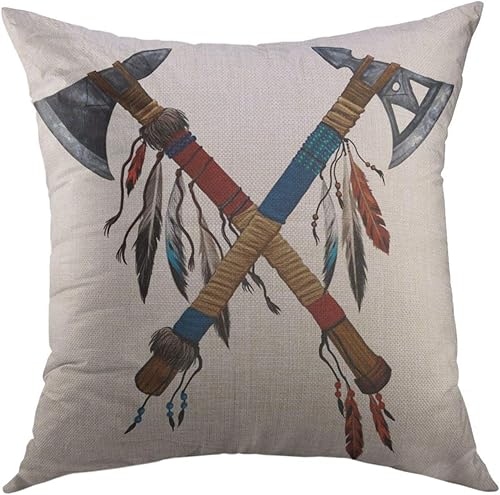 Mugod Funda de almohada decorativa con dos plumas cruzadas, diseño de hacha nacional, decoración del hogar, 18 x 18 pulgadas