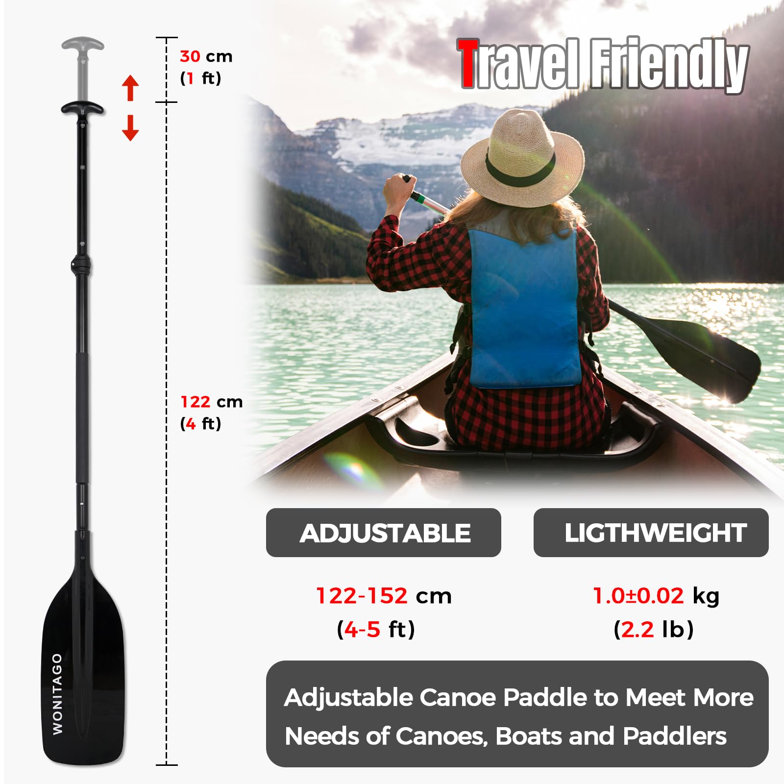 WONITAGO Canoe Paddles Aluminum Paddle with Plastic Blades Floating Adjustable Canoeing and Boating Oars, 122-152 cm/4-5 Ft, Black