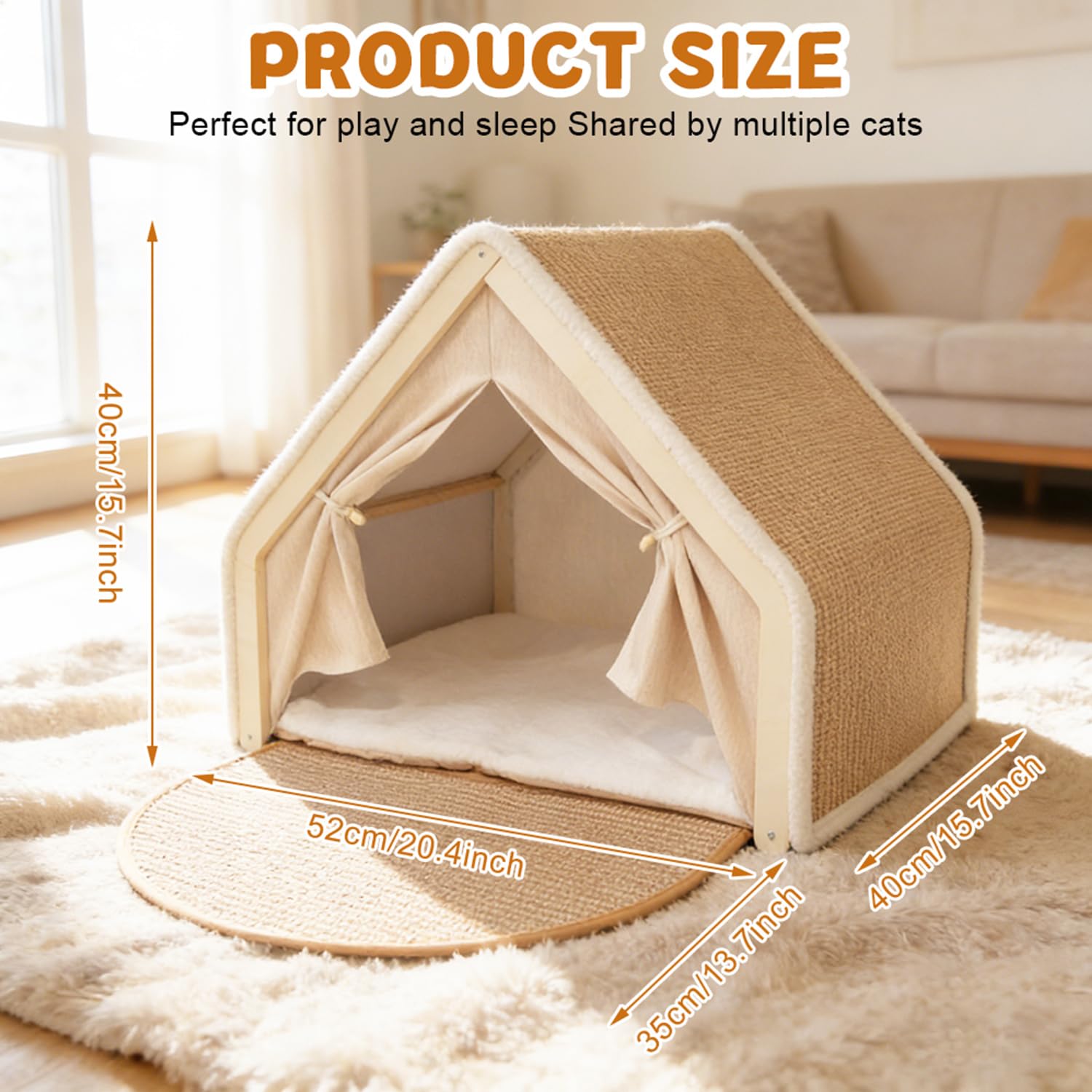 2-in-1 Katzenhaus mit Kratzbrett, Holz katzenzelt & Sisal Kratzfläche als Gemütliche Katzenhöhle für 2 Katzen, Atmungsaktiver Katzenhaus Indoor mit Sisal Kratzbrett 52 x 40 x 40 cm（Beige）
