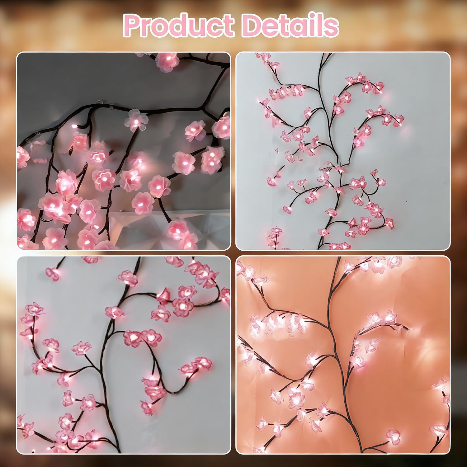 Kirschblüten Lichterkette 144 LED Wanddekoration mit Fernbedienung 8 Lichtmodi USB-gespeist für Schlafzimmer und Wohnzimmer