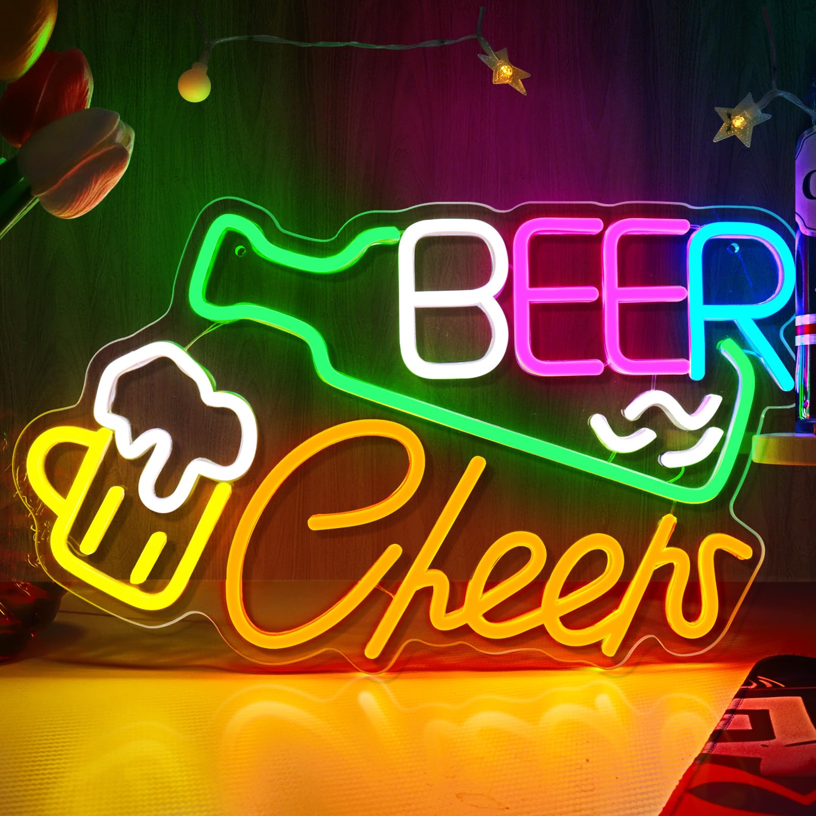 LightingWill Beer Cheers Neon Sign, Dimmable Neon Bar Sign for Wall Decor USB Powered LED Neon light Sign for Man Cave Home