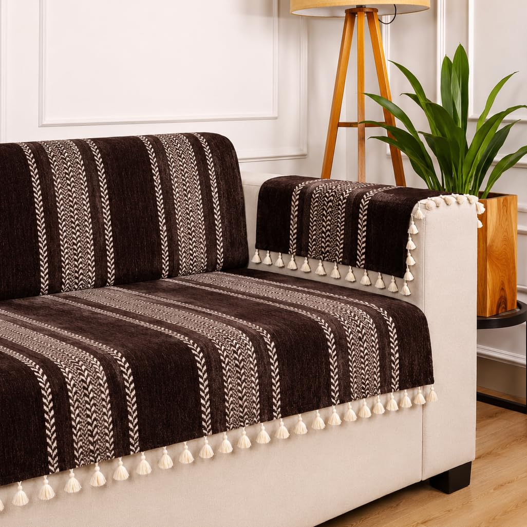STITCHNEST Chenille Printed Sofa Cover 1 Seater with 2 Hand Rest Covers – Washable Brown Sofa Cover with Tassels – Durable Premium Fabric – Stylish Sofa Protector for Living Room & Furniture Decor