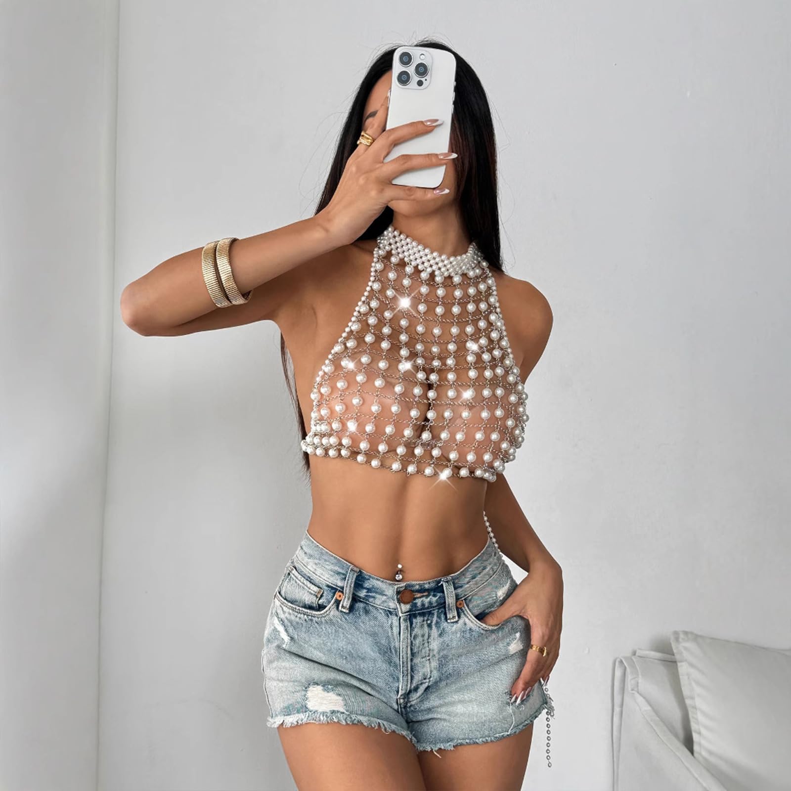 Collana a catena per il corpo di perle multistrato petto festival raves imbracatura accessori gioielli per le donne reggiseno di perle